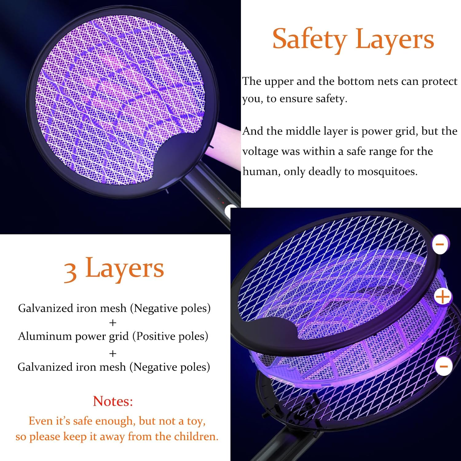 Electric Fly Swatter Racket Type-C Rechargeable Bug Zapper Racket 3 in 1 Foldable Mosquito Zapper with Mosquito Lure Lamp Beads 1200Mah Battery and Brush for Indoor Outdoor SH0062 (Black) image number 3