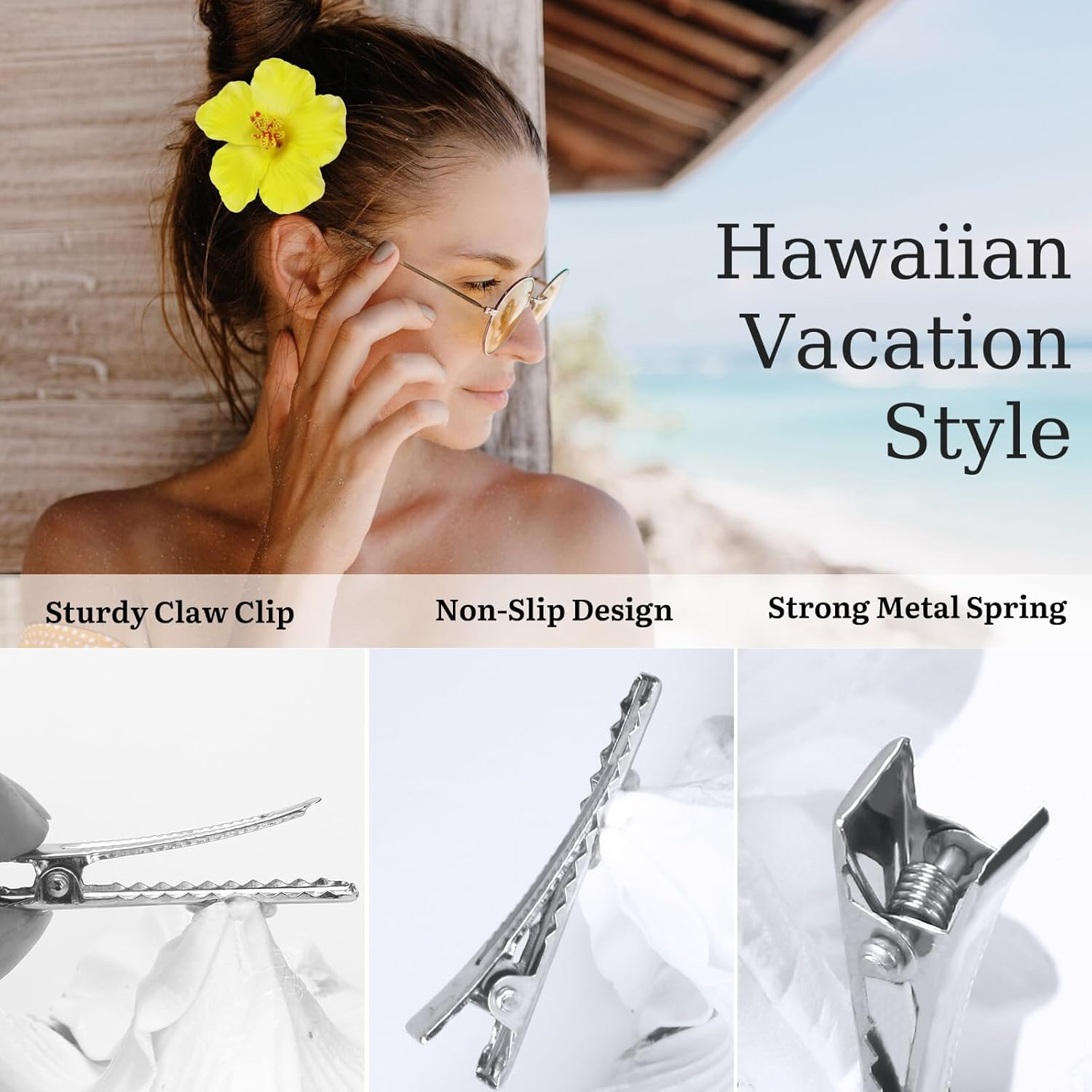 NATOSU Pack of 5 Hawaiian Flower Hair Clips, Plumeria and Hibiscus Clips for Women, Artificial Flowers Clips, Perfect for Vacation and Beach Parties Wedding image number 5