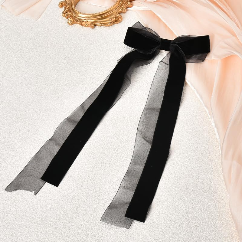 Bow Clips Black Ribbons for Women Girls Mesh Velvet Bows Hair Accessories Ribbon Bowknot Barrettes Long French Clip image number 4