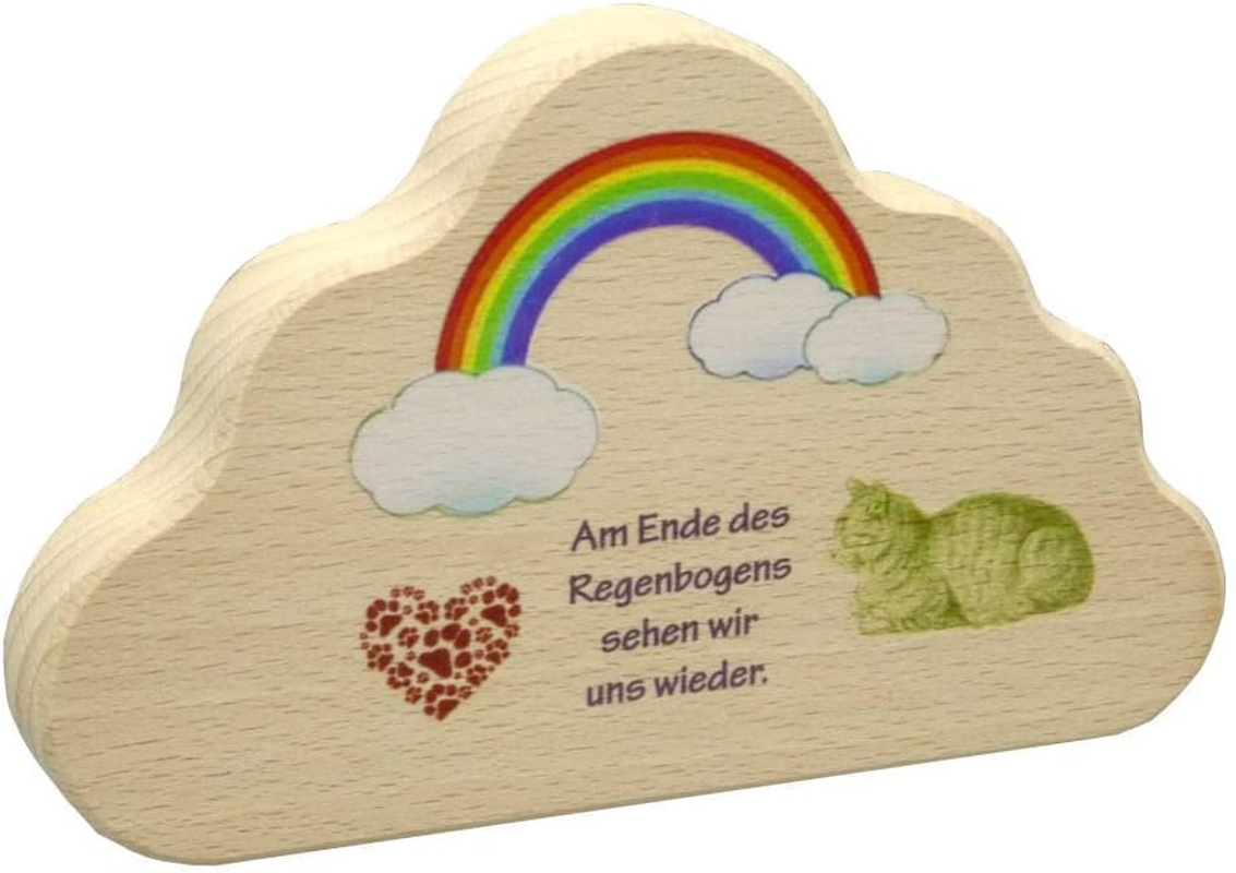 Kruzifix24 Cat Memorial Plaque Cloud Wood Natural Kitten Rainbow Heart Saying at the End of the Rainbow Print Colourful 13 X 8 X 1.5 Cm Animal Mourning Pet