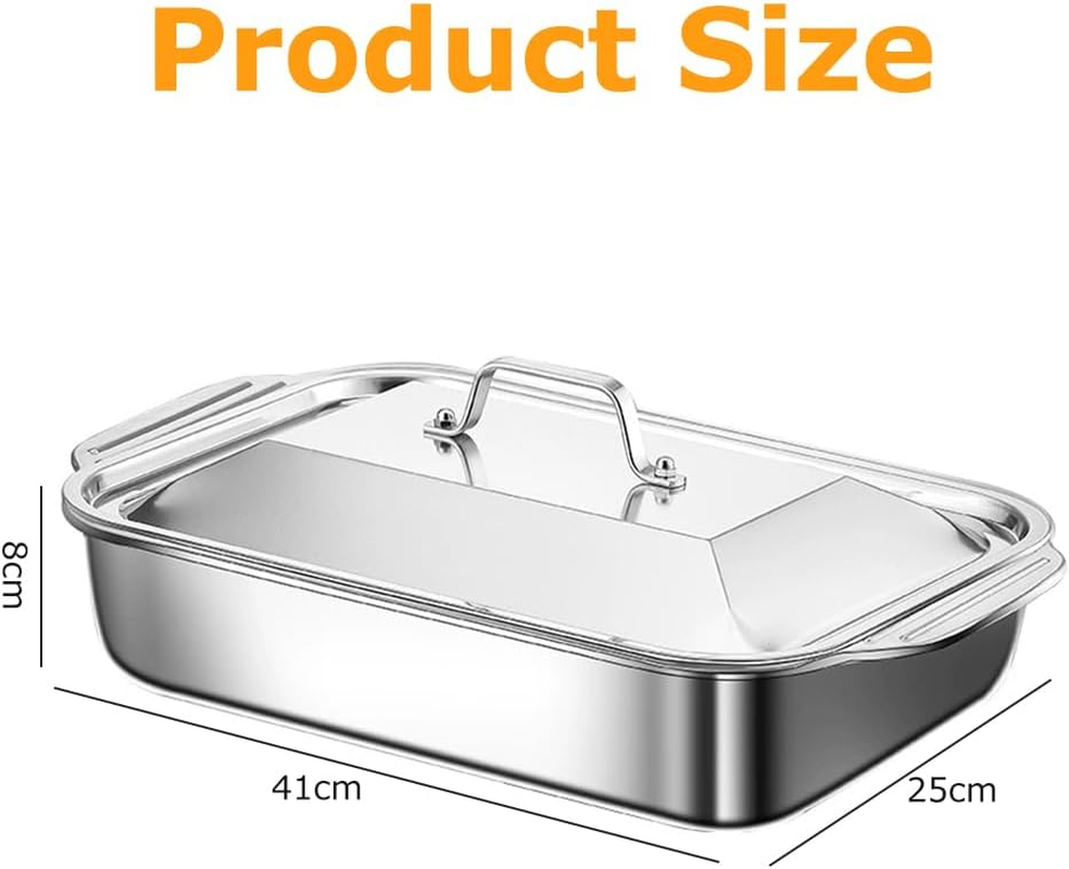 Stainless Steel Grill Pan with Lid, Deep Square Roast Pot, Commercial-Grade Fish Bake Boiler, Large Toast Seafood Caldron for Fish, for Oven/Stovetop/Bbq（41X21X8Cm） image number 6