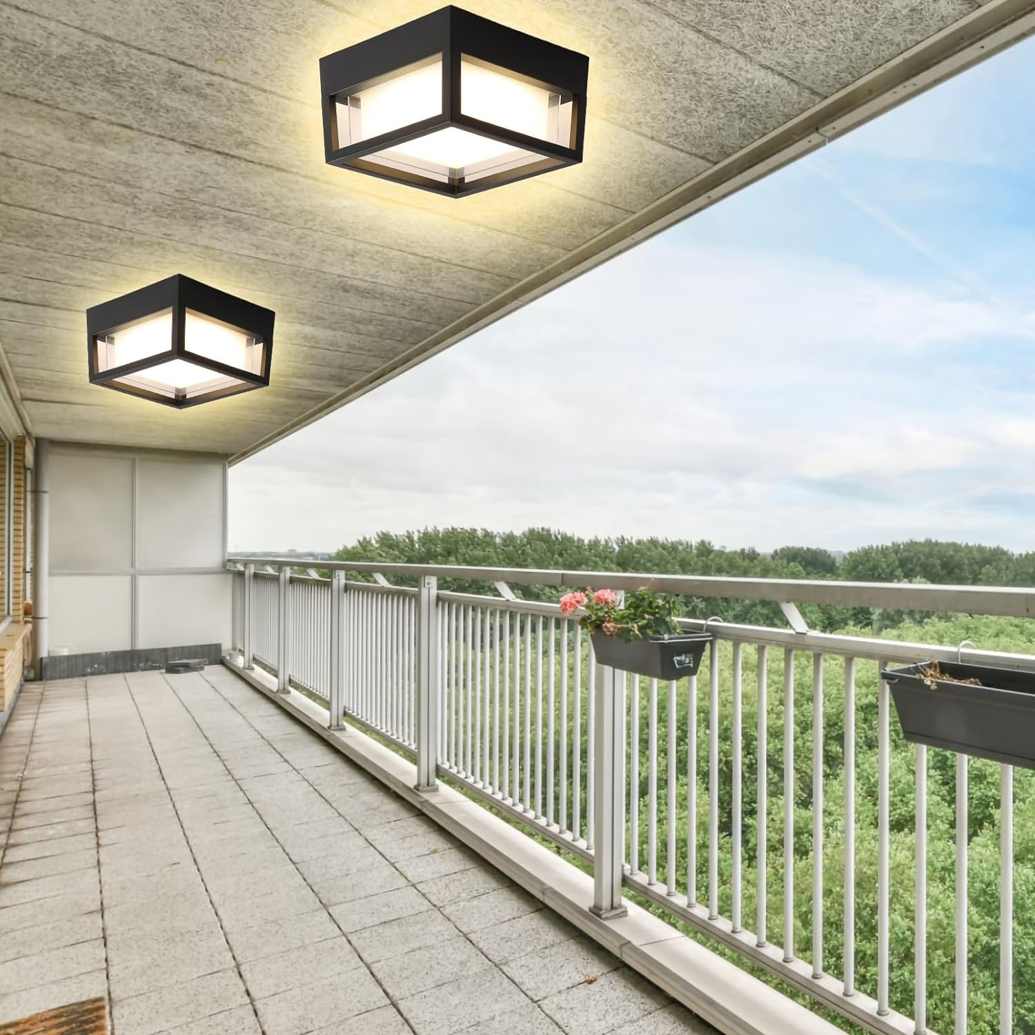 Square Ceiling Light Porch Light LED Flush Mount for Wall or Ceiling, Outdoor Wall Light for Patio Balcony Terrace, 3K Warm Light, 125W of Light, Matt Black Aluminum with PC Lens, Wet Location image number 4