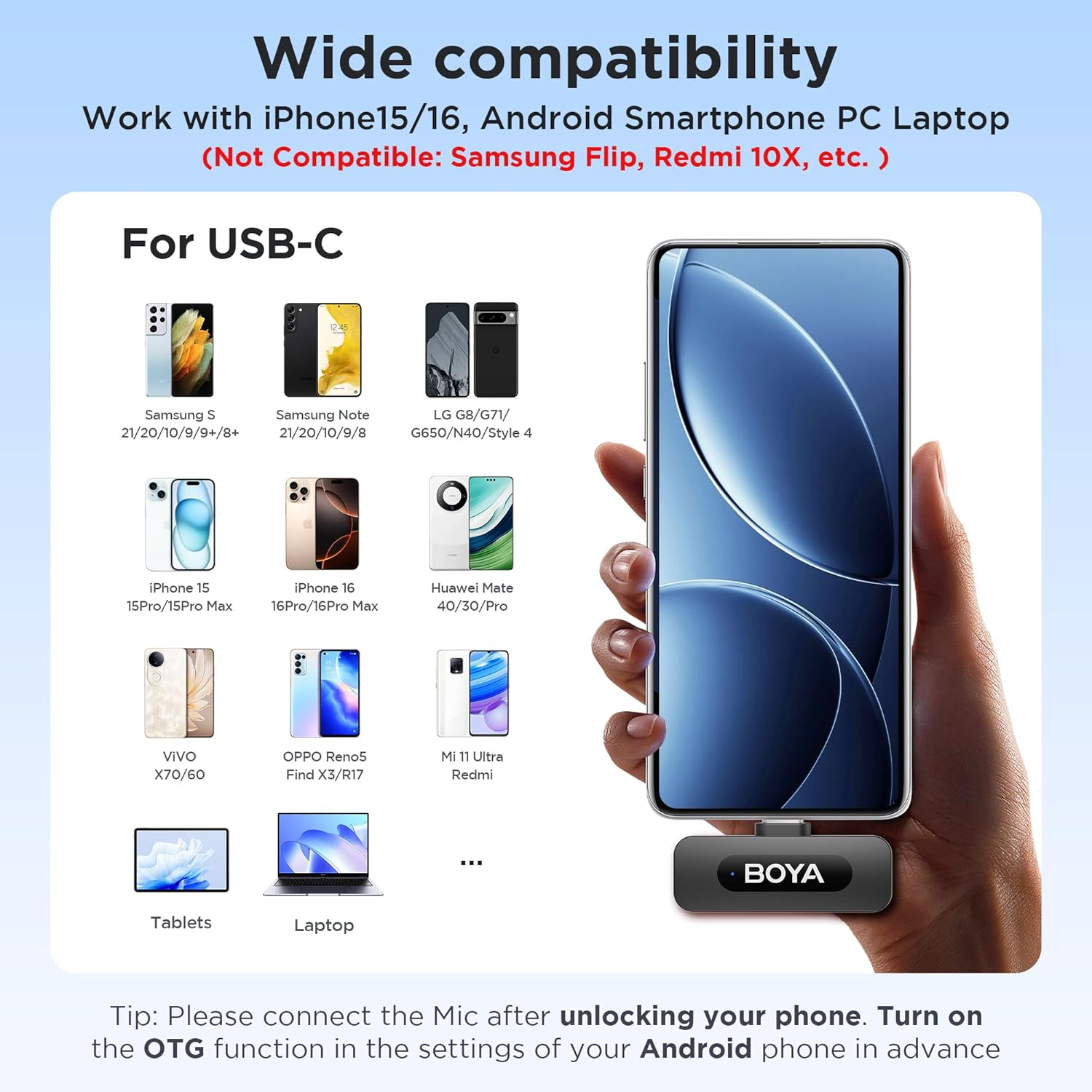 BOYA BY-V20 Wireless Lavalier Lapel Microphone for Android Iphone16/15 PC - Omnidirectional USB Type-C Condenser Video Recording Mic for Interview Podcast Vlog Youtube Live Stream (TX+TX+RX) image number 4