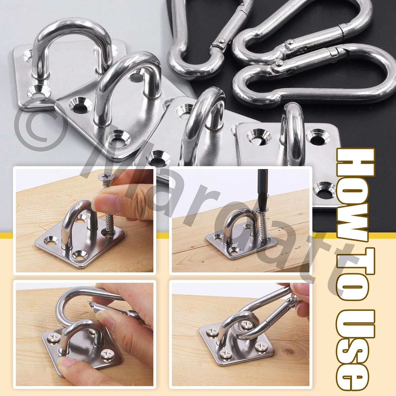 Mardatt 8Pcs M6 Premium Square Pad Eye Hooks, 304 Stainless Steel Pad Eye Plate U Hooks Snap Hook, Marine Hardware Staple Hook Loop Swivel Hooks Wall-Mounted with Screws for Outdoor Indoor Activity image number 4