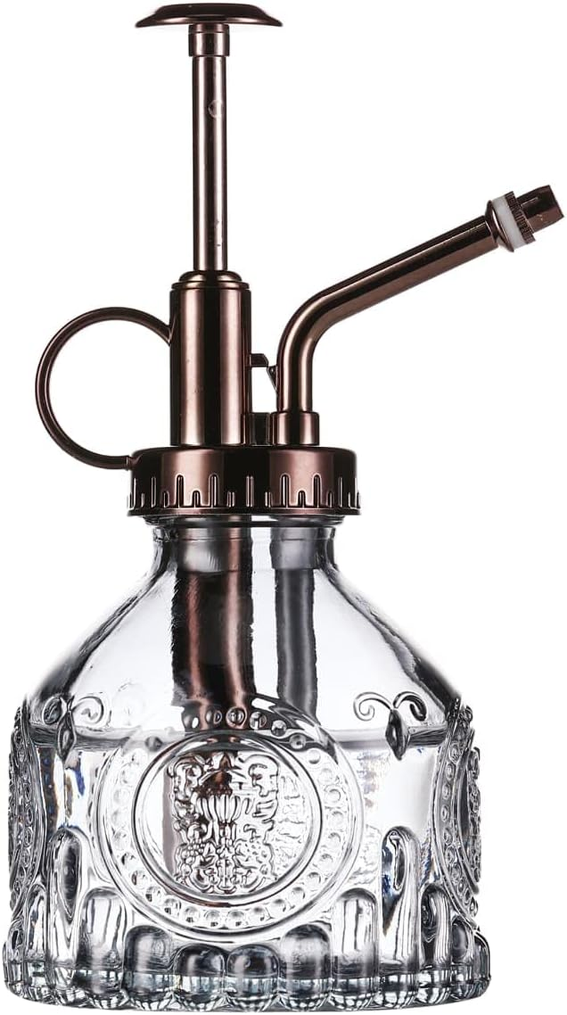Glass Plant Mister - 7.5" Green Glass Water Spray Bottle with Gold Top Pump, Indoor/Outdoor Small Plant Sprayer (Gray+Bronze)