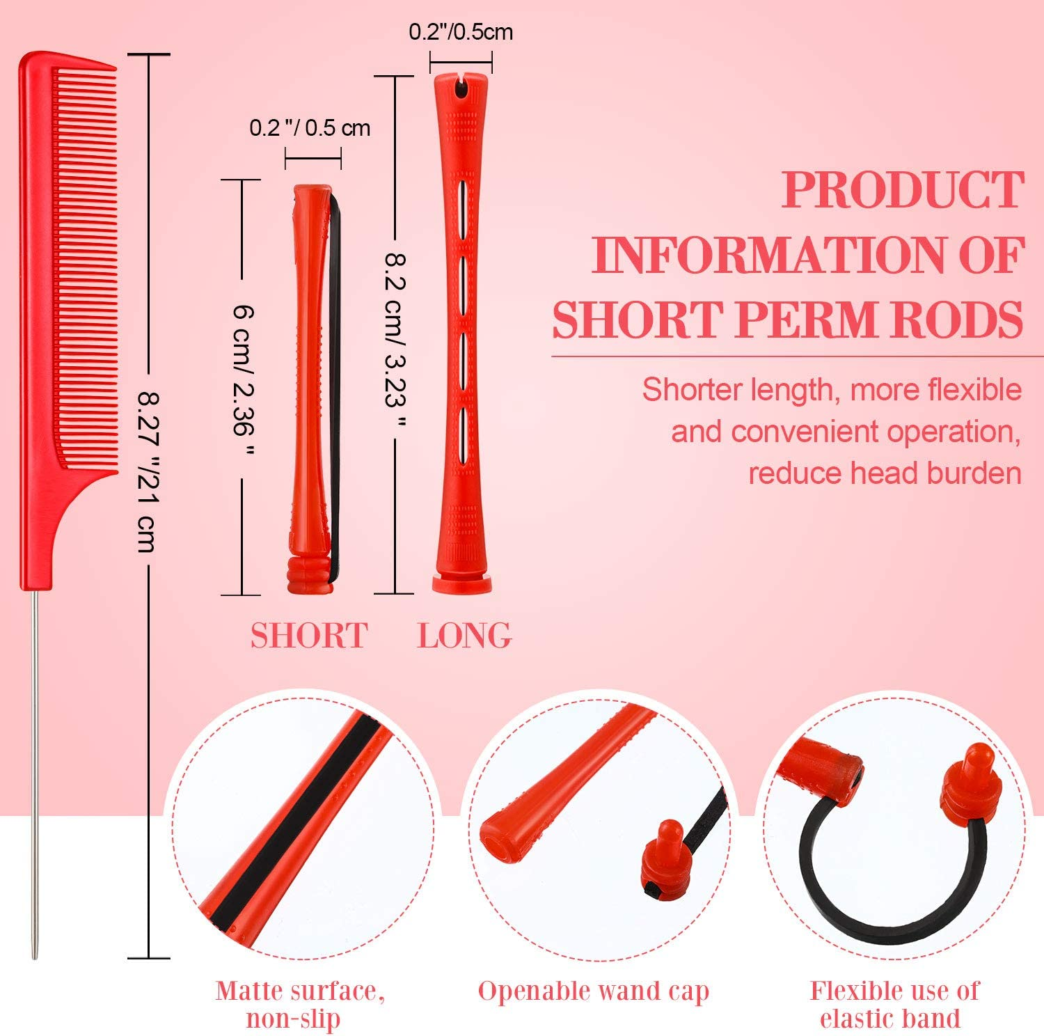 WILLBOND 60 Pcs Perm Rods for Short Long Hair Plastic Cold Wave Perming Curlers Small Hair Curling Rollers with Steel Pintail Rat Tail Kit for Women Hairdressing Styling Supplies(0.2 Inch,Red) - Red image number 4