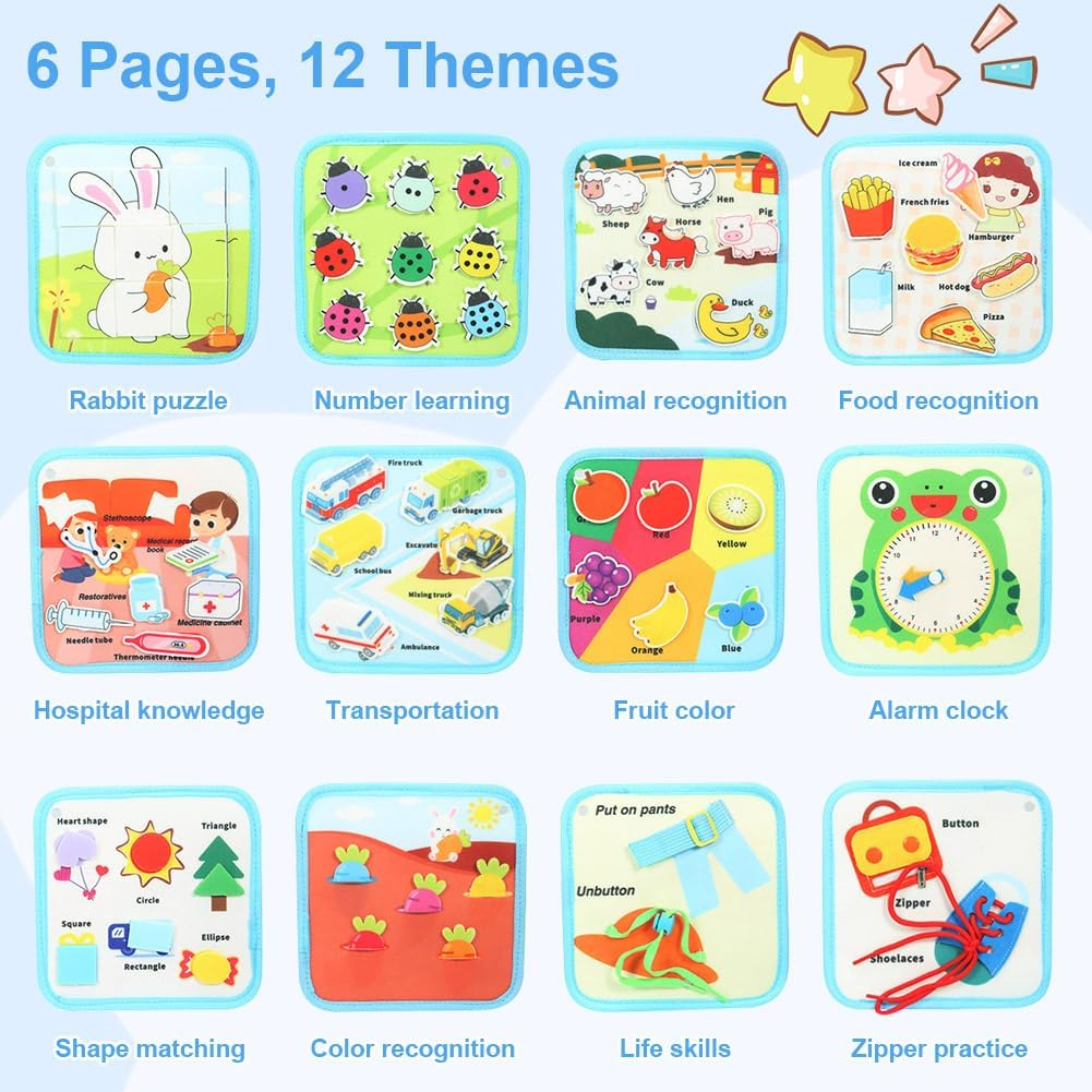 OSDUE Busy Board, Quiet Book Montessori Soft Felt Book Activity Board Motor Skills Toy for Early Education Gift Boy Girl Sensory Learning Toy for Travel Car Plane (Blue)