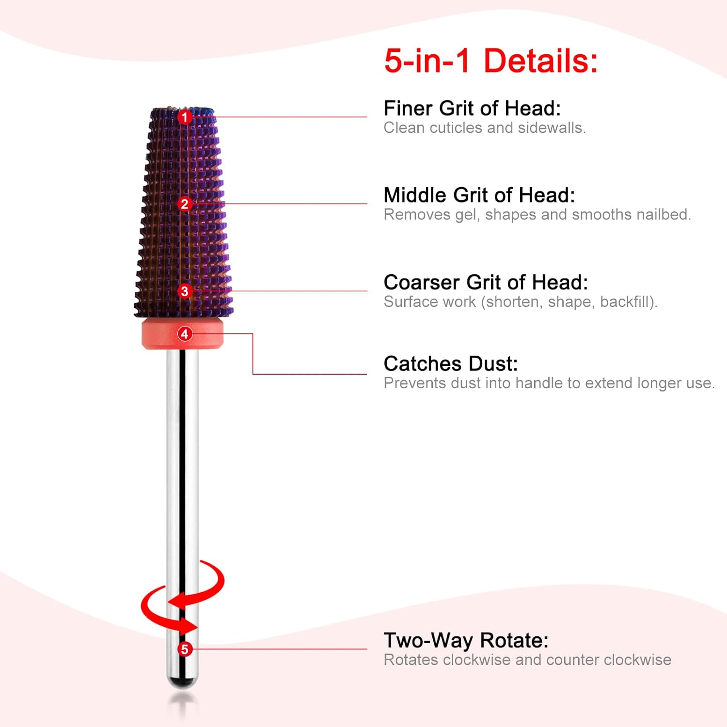 BNG 5-In-1 Cutter Bit for Gel Nails, Carbide Nail Cutter for Acrylic Nails, Professional 3/32 Inch Electric Nail Drill, Tungsten Steel Bits Manicure Pedicure Salon Tool (Fine, Purple) image number 1