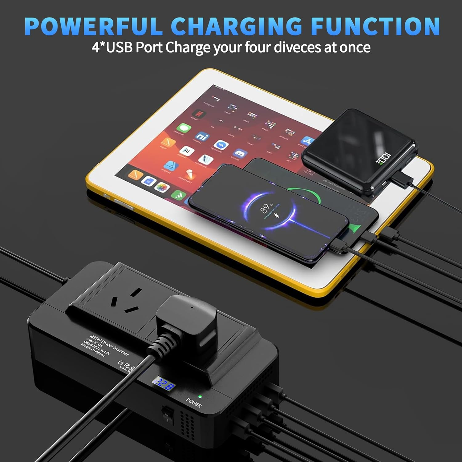 200W Car Power Inverter, DC 12V to 240V AC Converter with 2 AU Outlets & 4 USB Ports, Fast Charging Adapter with Switch and Current LED Screen for Car, SUV, Truck image number 4