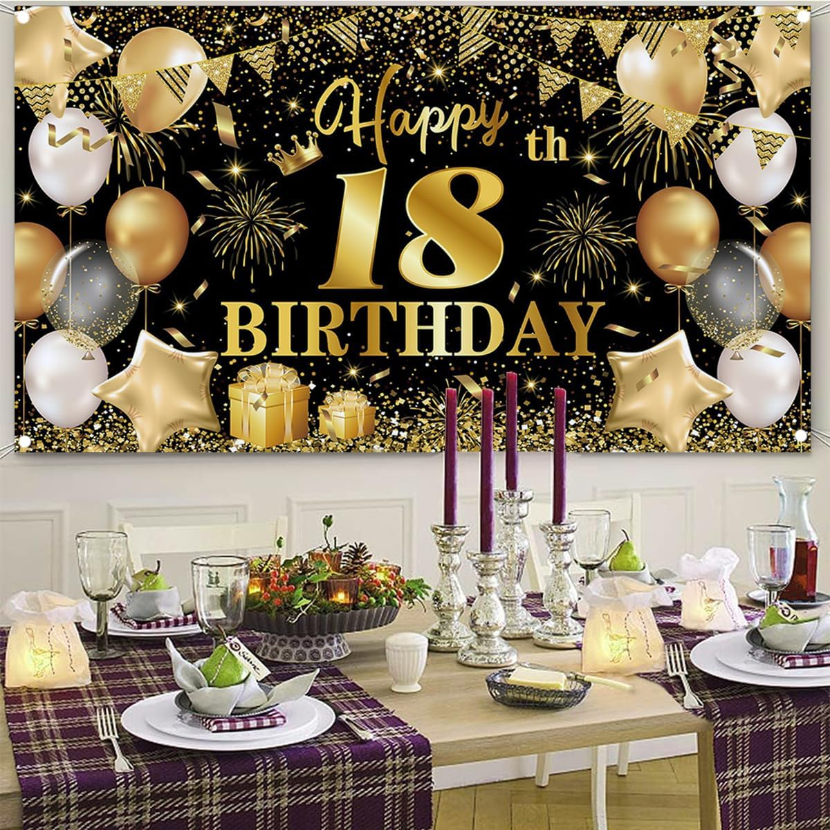 Happy 18Th Birthday Decoration Backdrop Banner Black Gold Birthday Decorations Party Supplies 18Th Party Banner (18Th) image number 1