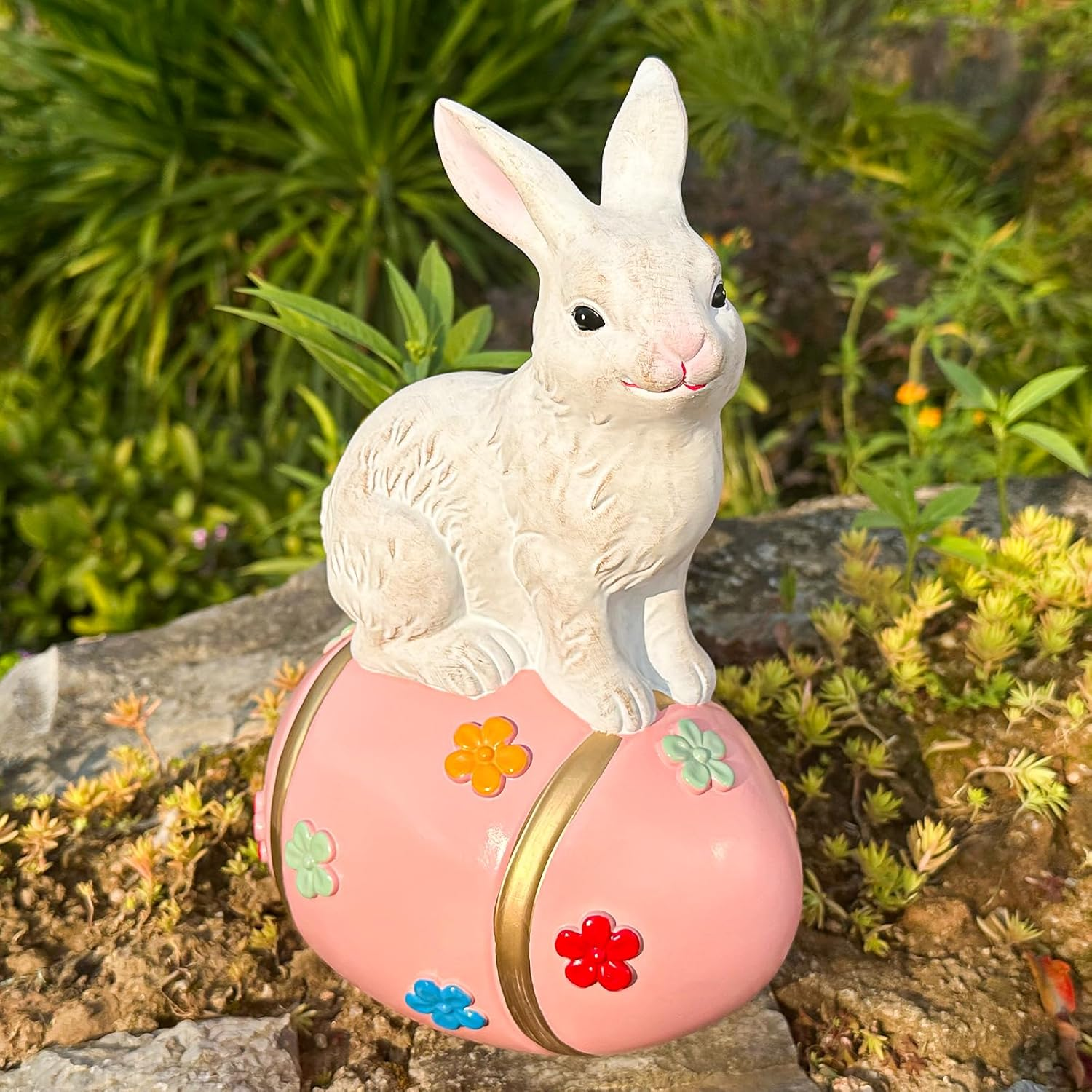 Large Rabbit Tabletop D&eacute;cor with Colorful Flowers Egg, Hand-Painted Bunny Figurine Statue for Spring Eater Party Indoor & Outdoor Decoration, Suitable Decor for Home, Office, Garden