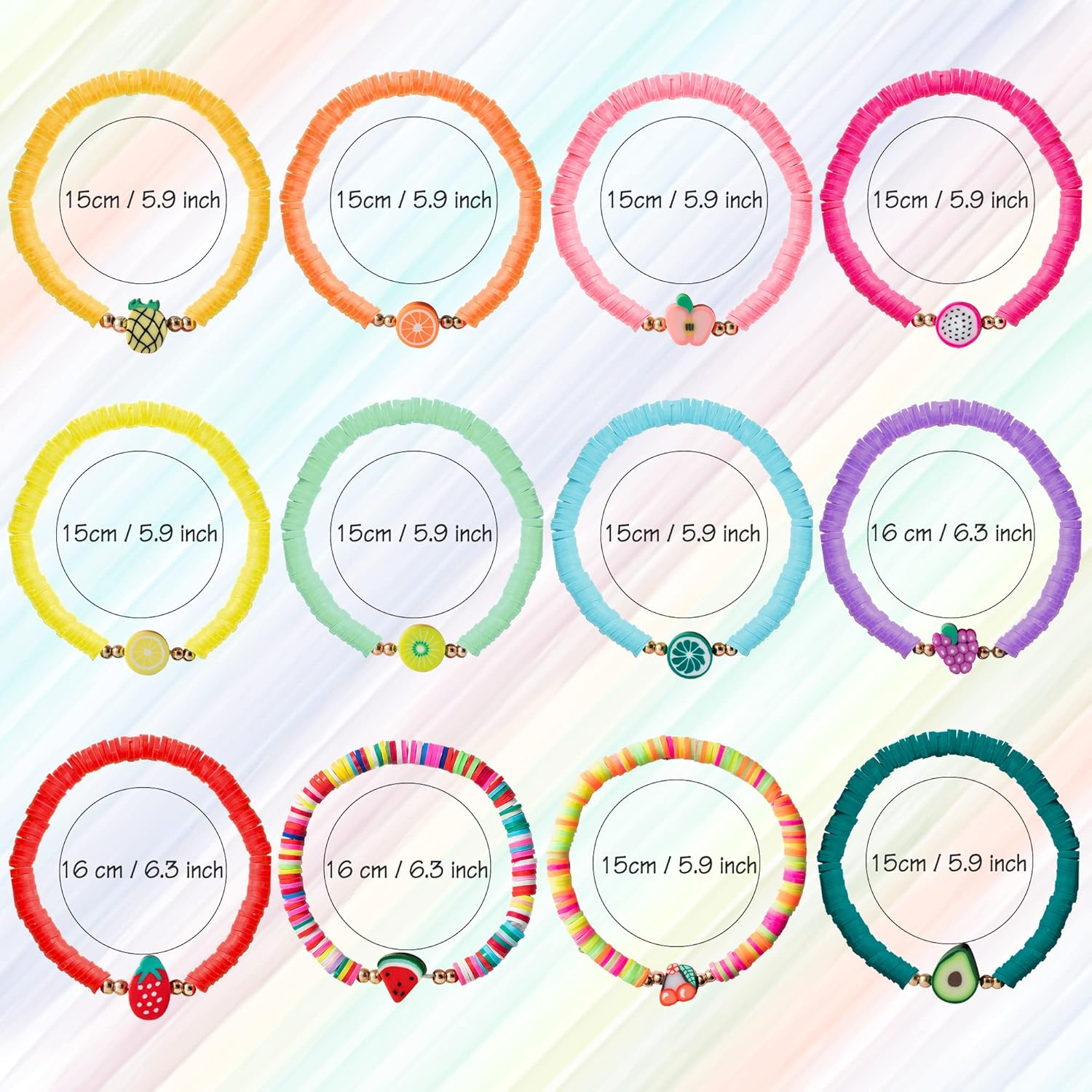 JAPBOR 12Pcs Fruit Clay Bracelets, Colorful Surfer Disc Beaded Stretch Rope Bracelet for Girls Kids, Friendship Elastic Boho Women Child Play Jewelry Charms for Summer Beach Birthday Vacation Favor, image number 5