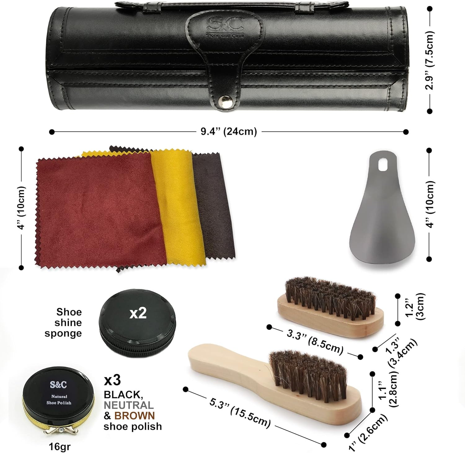 Stone & Clark 12PC Shoe Polish & Care Kit, Leather Shoe Shine Kit with Brown Wax, Shoe Brushes for Polishing (Case: Classic Black)&hellip; image number 3