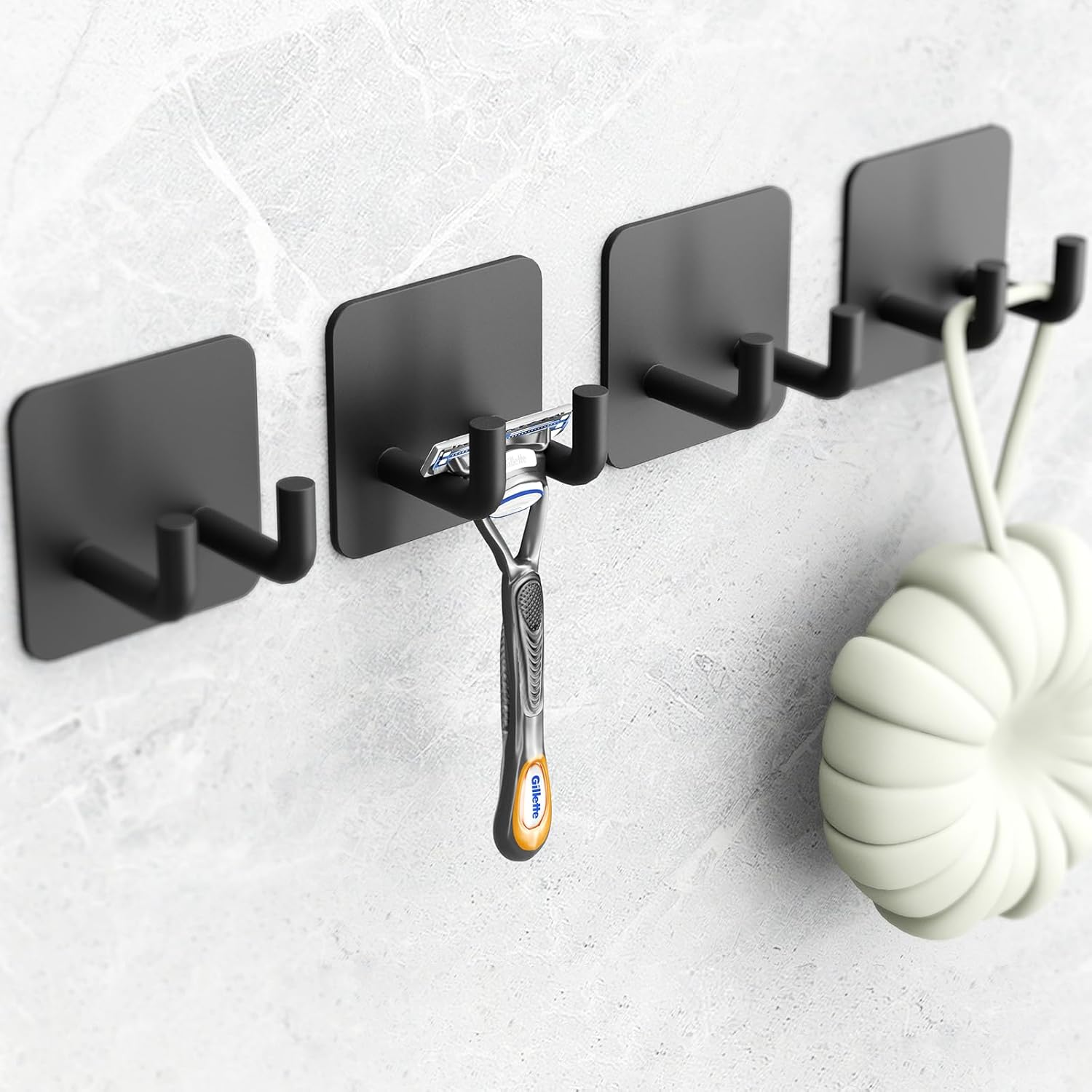 4 Pack Stainless Steel Wall Hooks,3M Self Adhesive Double Hooks，Gabeeriso Black Wall Mount Hook for Key,Bathroom Towel Hook,No Drill Razor Holder,Suitable for Bathroom, Kitchen, Home Toilet. image number 5