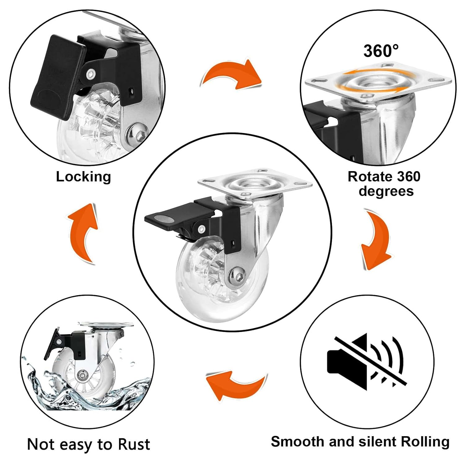 Clear Caster Wheels 75 Mm Casters Set of 4 Heavy Duty, Locking Industrial Casters with 360 Degree No Noise Transparent Polyurethane Wheels, Swivel Plate Casters with Brake - Pack of 4 image number 2