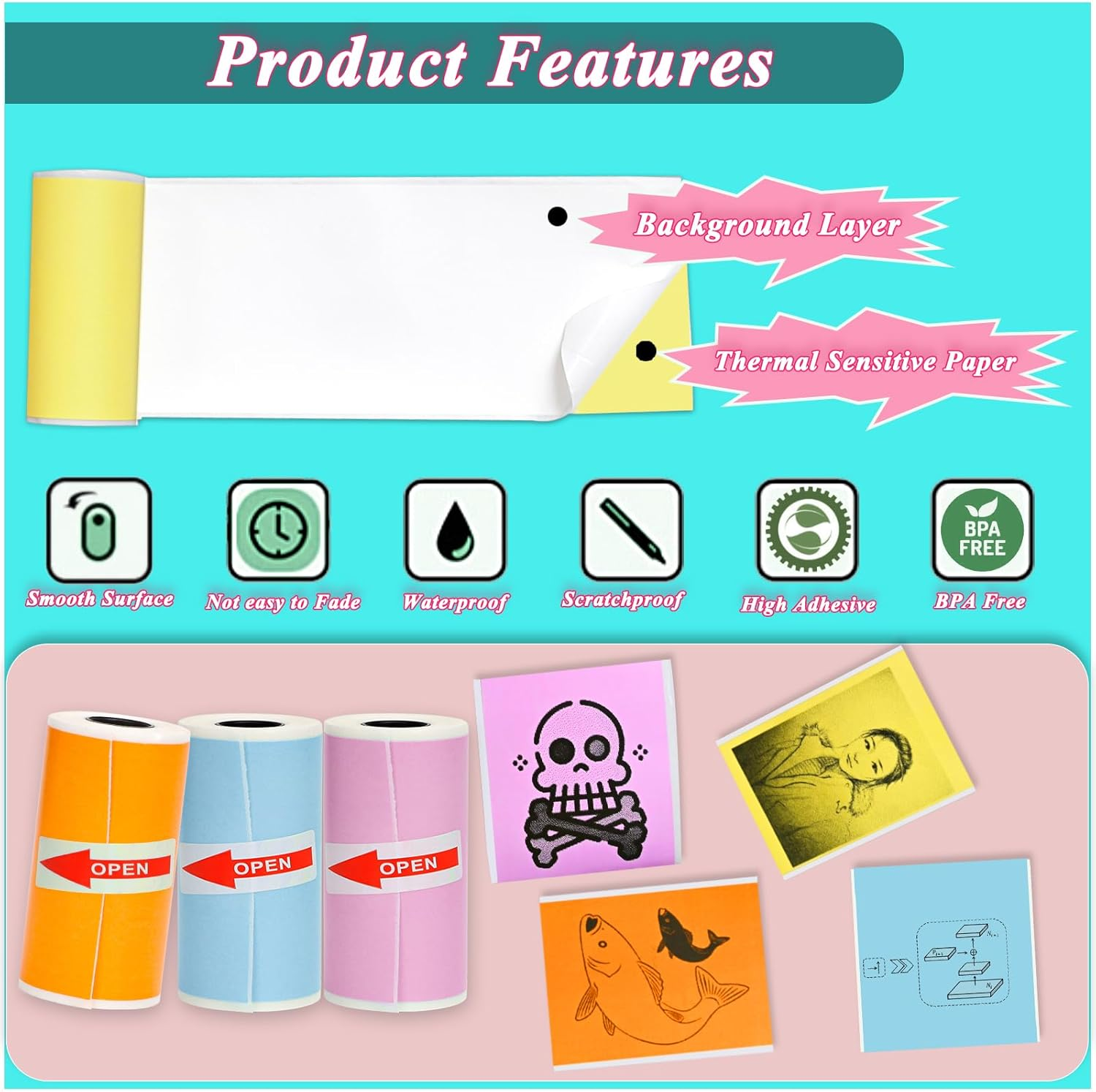 Rifanda 15 Rolls Thermal Sticker Paper 53X28Mm for Phomemo T02/M02/M02S/PRO Mini Printers, 3.75M Mini Colorful Self-Adhesive Mini Printer Paper for Memoking Mini Printer, Study Notes, Journals, Photos image number 2