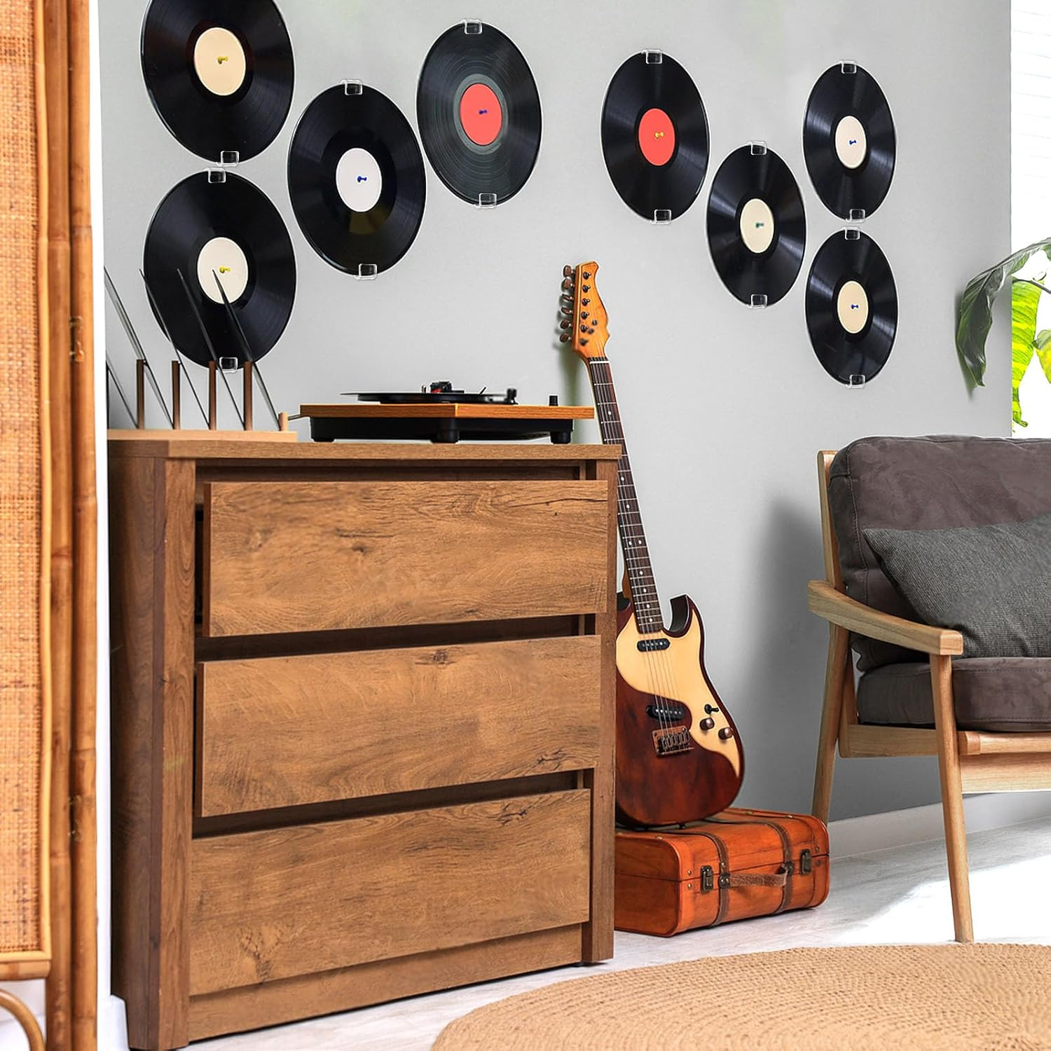 Huakaile 12 Pieces Acrylic Vinyl Record Wall Mount with Adhesive Tape, No Screw Record Display Shelf Storage Hangers, Clear Music Album Covers Holder for Home Living Room Office Decoration image number 5