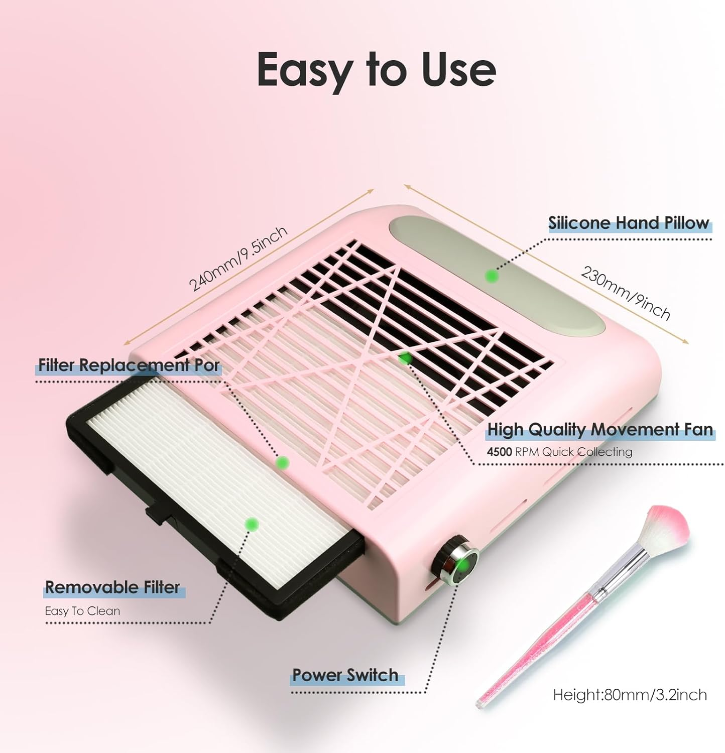 Nail Dust Collector Nail Tech, 80W Powerful Suction Nail Extractor Vacuum with Reusable Filter & Brush, Adjustable Electric Nail Fan Dust Vacuum for Acrylic Gel Nail Polishing Manicure Tool Pink - White image number 6