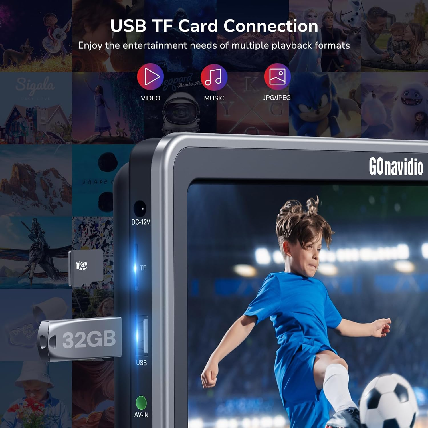 Gonavidio 10.1&rdquo; Dual Car DVD Player with HDMI Input, Car TV for Back Seat with Auto Suction-Type Disc In, Play a Same or Two Different Movies, 2 Headphones Mounting Brackets, USB/TF Card, Last Memory