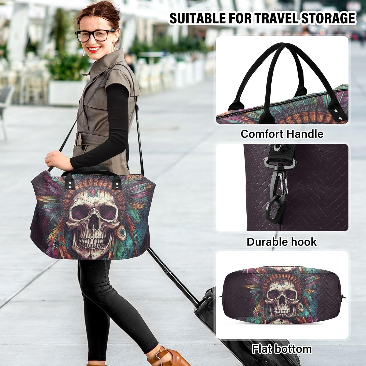 WOIWB Duffel Bag Set with Toiletry Bag for Travel Gym Sport, Luggage Sleeve Weekender Bag Carry on Overnight Bag-Skull with Feathers Print, Multicolor, 20.5 X 7.9 X 13.8 Inches+9.1 X 3.5 X 5.9 Inches image number 2