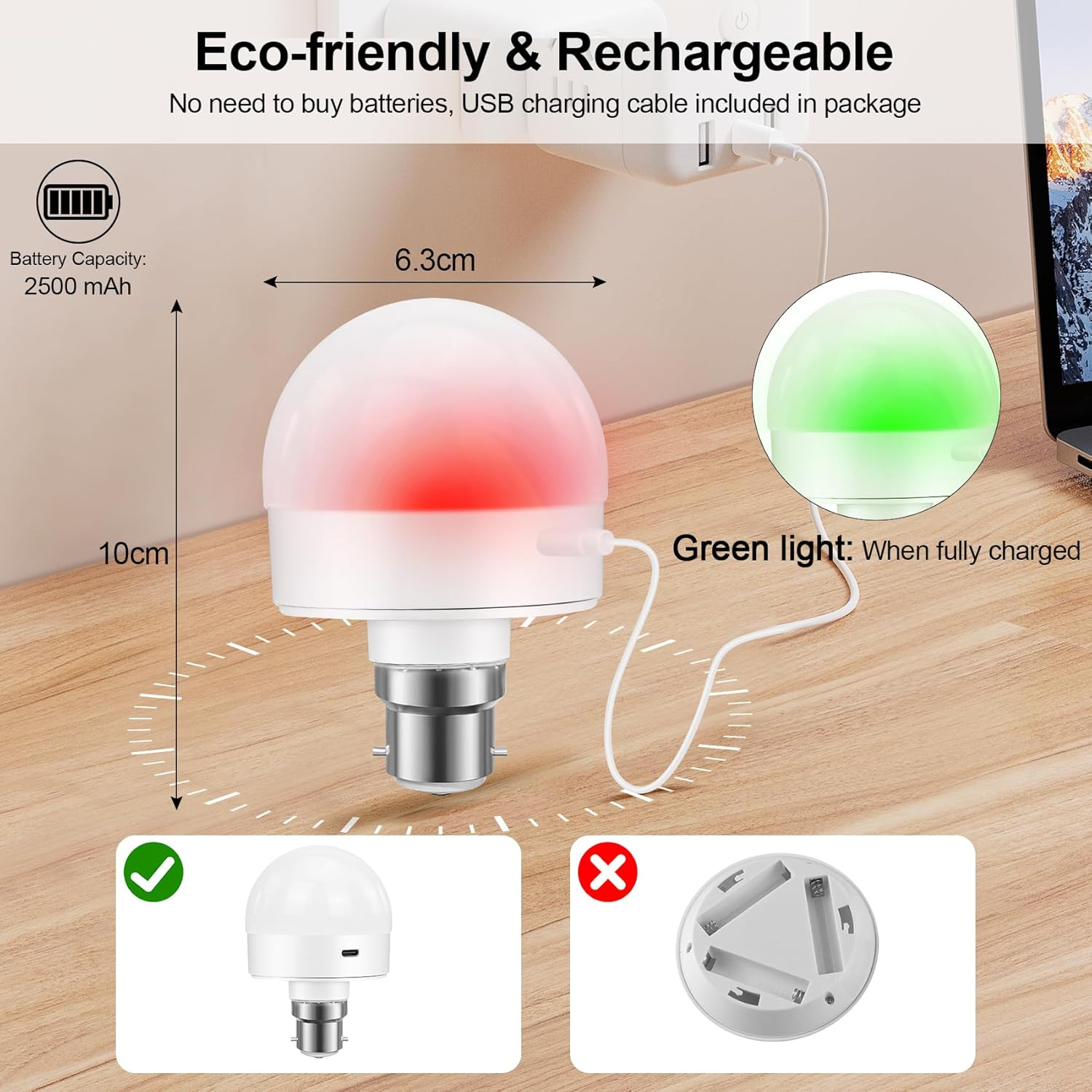 Eocean LED Rechargeable Light Bulbs, B22 Battery Operated Light Bulb, Wireless Light Bulb with 3 Colors & Timer, Magnetically Detachable, Emergency Battery Light Bulb for Non-Hardwired (2 Pack) image number 1