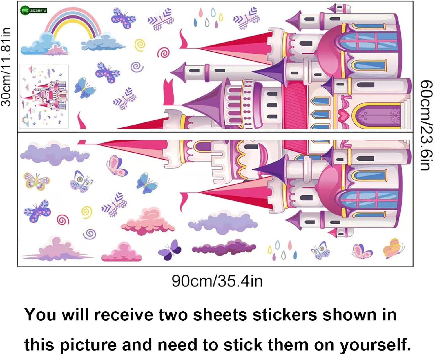 Castle Wall Stickers Room Decor, Rainbow Cloud Fairy Tale Princess Castle Wall Stickers Removable Wall Murals Peel and Stick Kids Toddler Wall Art Wallpaper Living Room Nursery Playroom image number 1