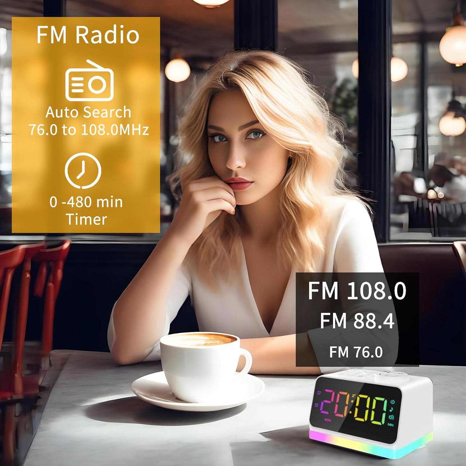 Digital Alarm Clock for Bedroom, 8 Colors Night Light with 2 Charging Port, Sleep Sound Machines with Timer, Dual Alarm, 12/24H, Loud Alarm，Fm Radio and Easy to Use for Seniors and Kids as Gift image number 5