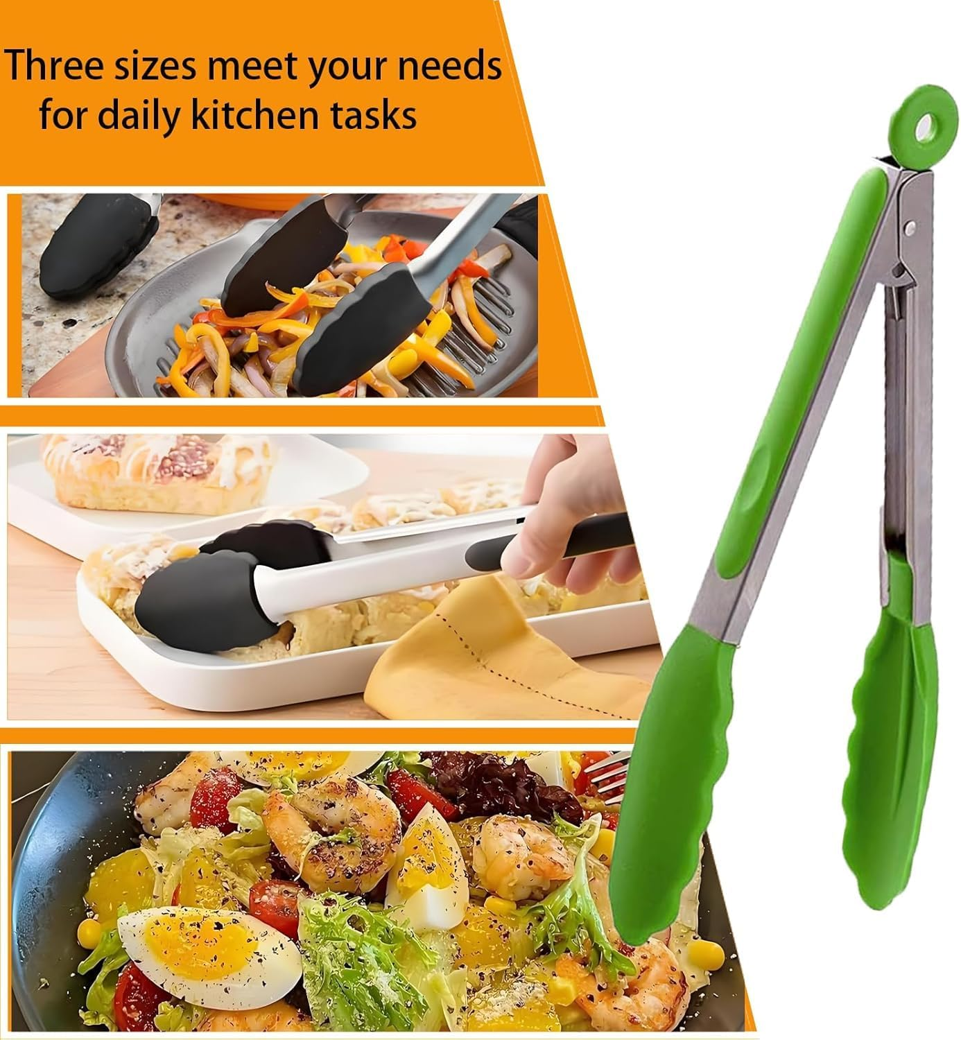 3Pcs (7", 9" & 12") Set Silicone Heat Resistant Kitchen Tongs,Premium Locking Cooking Tongs with Silicone Tips, Non-Slip Food Tongs for Cooking, Non-Stick, Stainless Steel Handle (Grass Green)