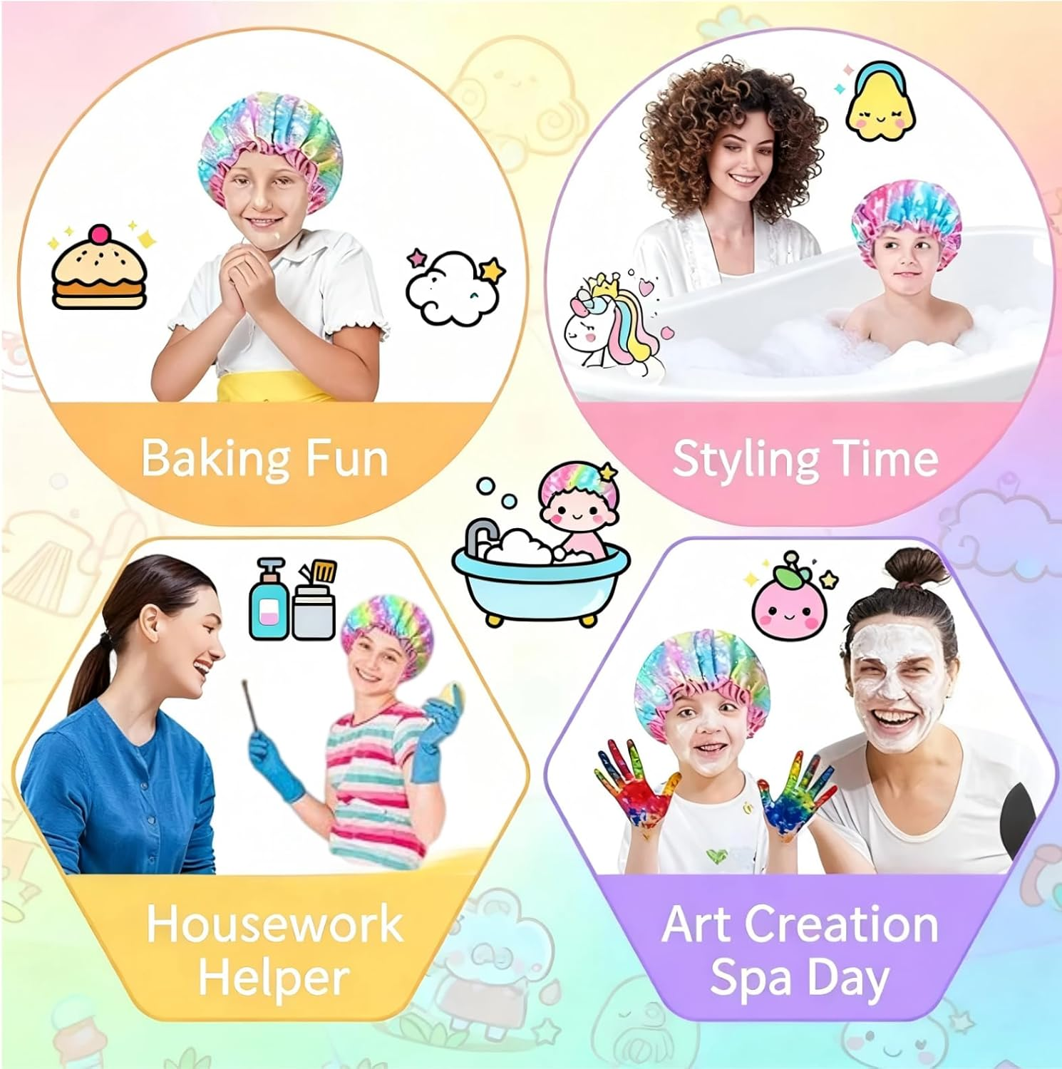 AUDWUD 3 Pcs Childrens Shower Cap，Reusable Waterproof Adjustable ，Cute Rainbow Star Long Hair Head Cap， for Taking Shower，Tie Dye, Hair Cover Hat,Dust-Proof and Oil-Proof，Bright and Vivid Colors