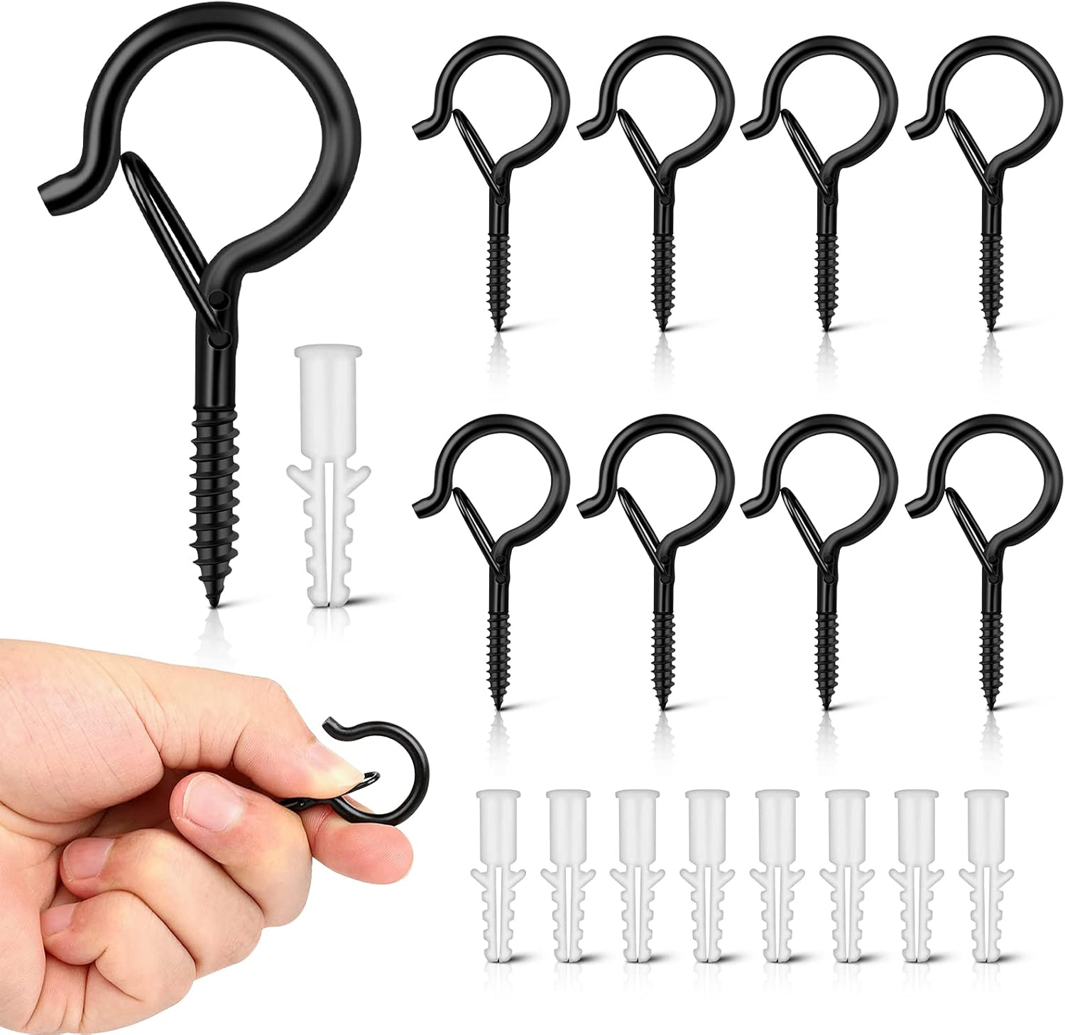 Esteopt Screw-In Hooks, Q-Hanger Hooks, Screw Hooks for Outdoor String Lights Plants, Birdcage, Feeders, Christmas Decor, Mounted on Ceiling or Wall (Black-8Pcs)