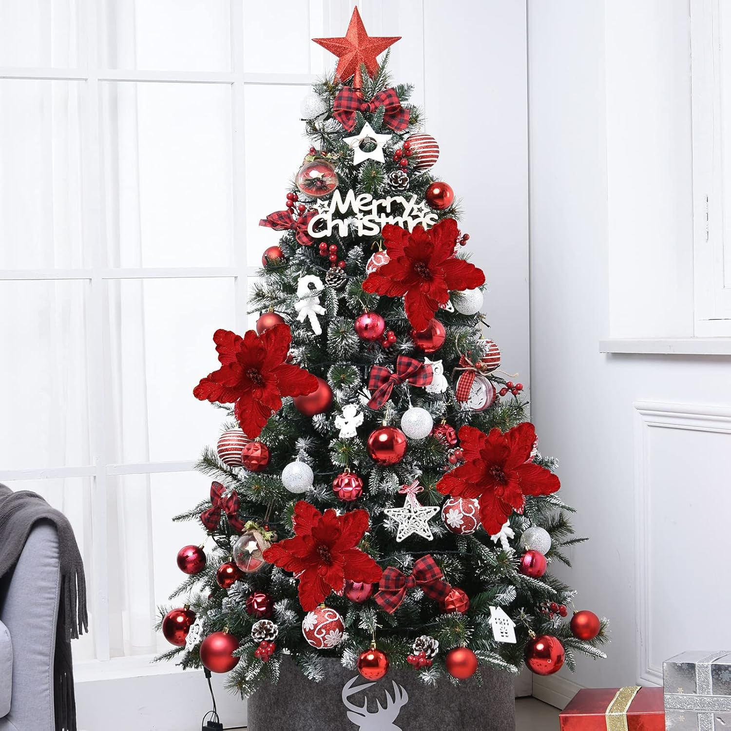 10 Pcs Large Poinsettias Christmas Tree Flower Glitter Silk Flower Picks Ornaments for Wreath Garland Wedding Decoration (Dark Red) - Brown image number 4