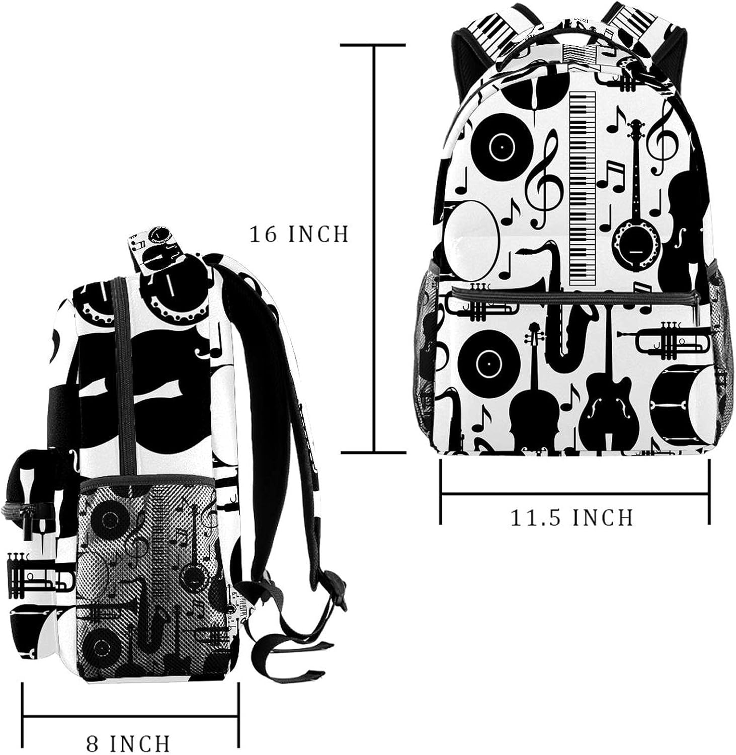 Jazz Instruments Vector Backpack Students Shoulder Bags Travel Bag College School Tote Backpacks