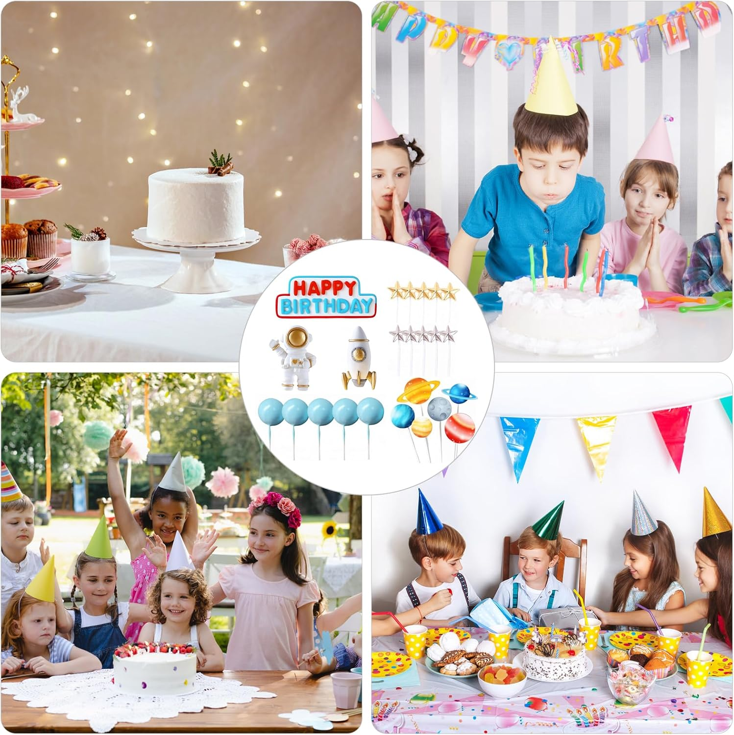 Homiliky Outer Space Cake Topper Set - Astronaut Rocket Stars Cake Decorations for First Birthday, Baby Shower & Space Themed Party Supplies (24Pcs) image number 3