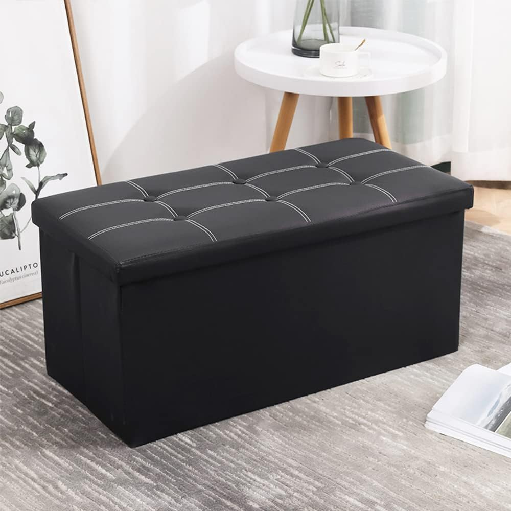 Folding Storage Bench Ottoman Storage Cube Boxes Footstool Stool Seat for Bedroom Hallway Small Faux Leather Footrest for Living Room, Bed Bench with Padded Seat Lid Square, Support 250Lbs,15In, Black