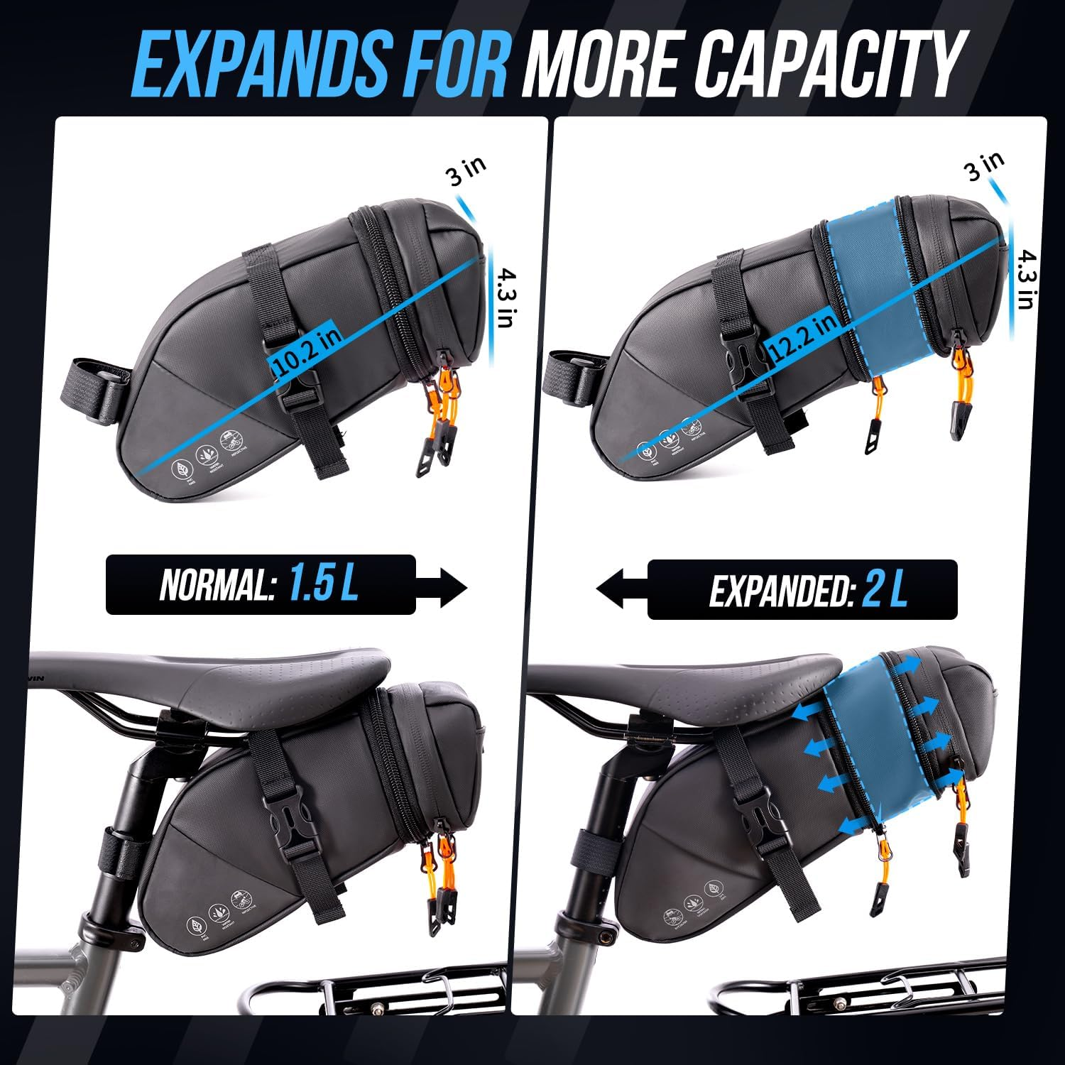 WOTOW Bike Saddle Bag - Waterproof Bike Seat Bag Expandable to 2L- Reflective Bicycle under Seat Storage Pouch for Road Mountain Bike Cycling Travel image number 4