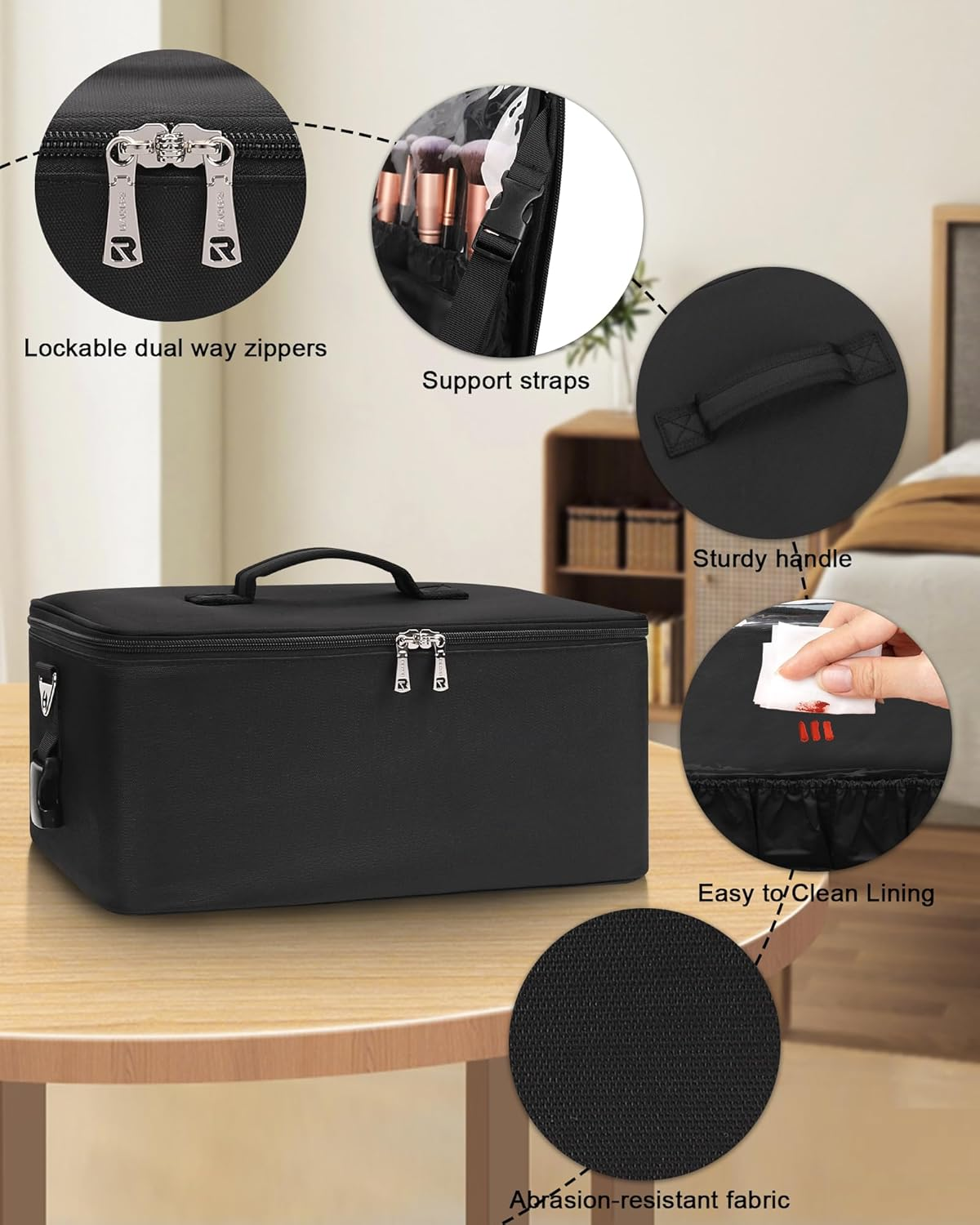 Makeup Bag Large Makeup Case Professional Cosmetic Storage Organizer Box Brush Holder with 3 Clear Set Bags & Lipstick Plate for Makeup Artists with Shoulder Strap & Adjustable Dividers (Black, Large) image number 2