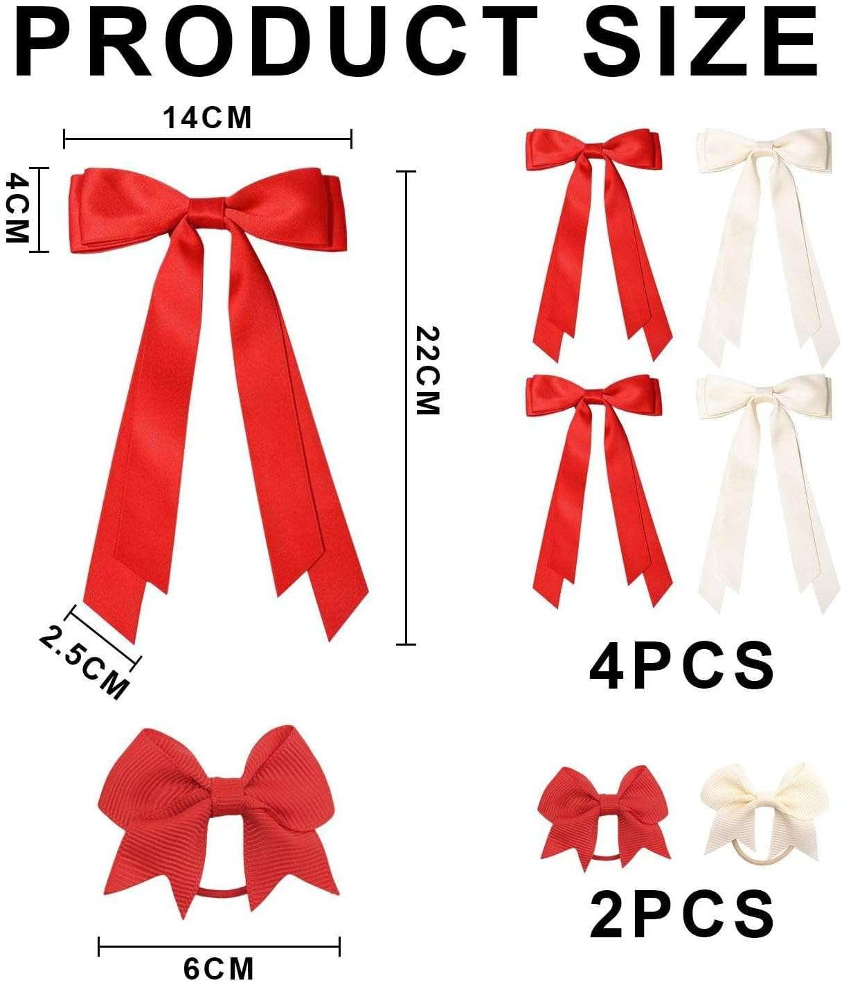 Pack of 4 Bow Hair Pins and 2 Hair Ropes, Satin Double Layer Hair Accessories, Coloured Hair Ropes, Headpiece for Christmas Parties, Ponytail Hairpin Accessories