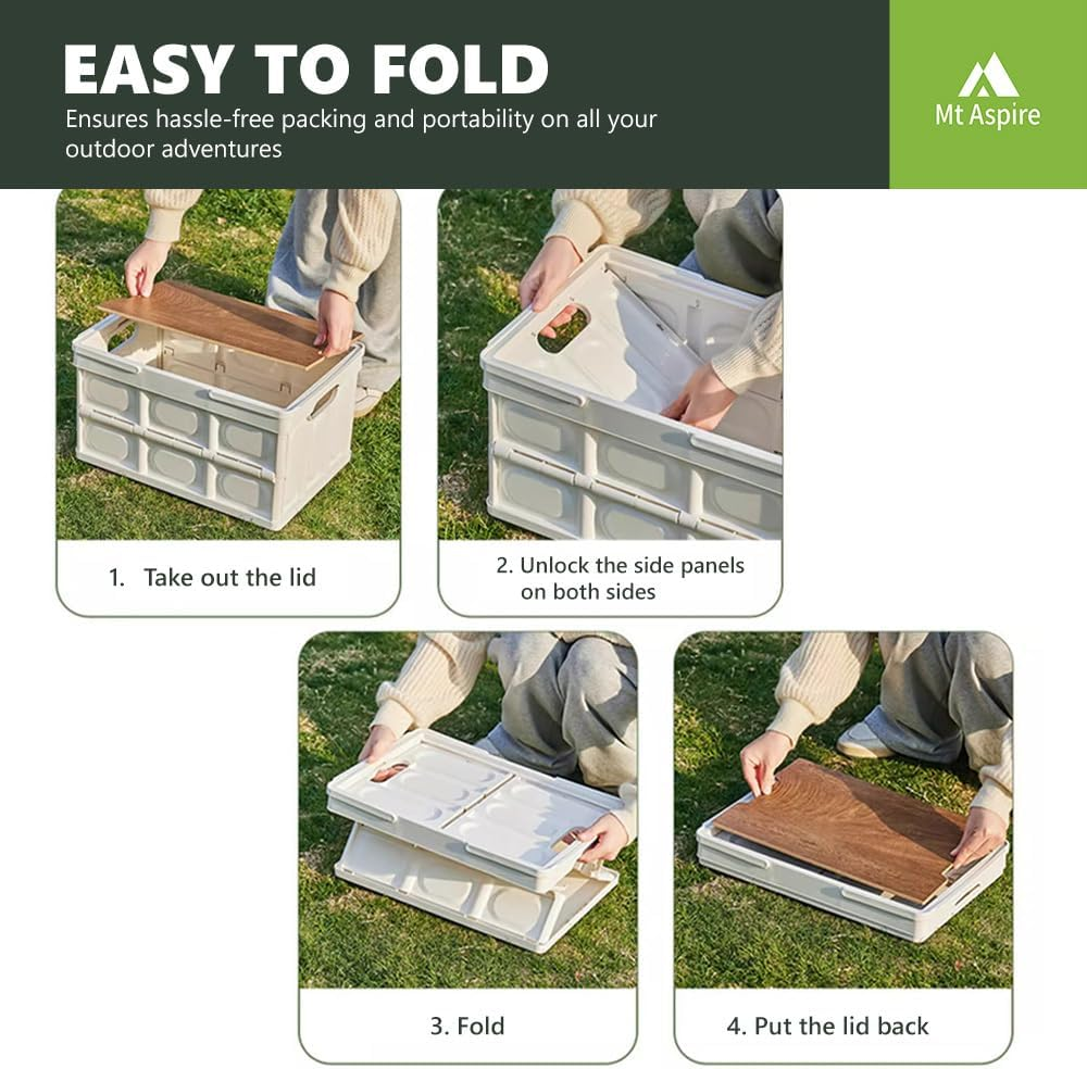 Mt Aspire Folding Camping Storage Box with Wood Lids, 30L Picnic Basket, Food Carrier for Outdoor, Fishing and Hiking, Multipurpose Organizer with Handle, White image number 3