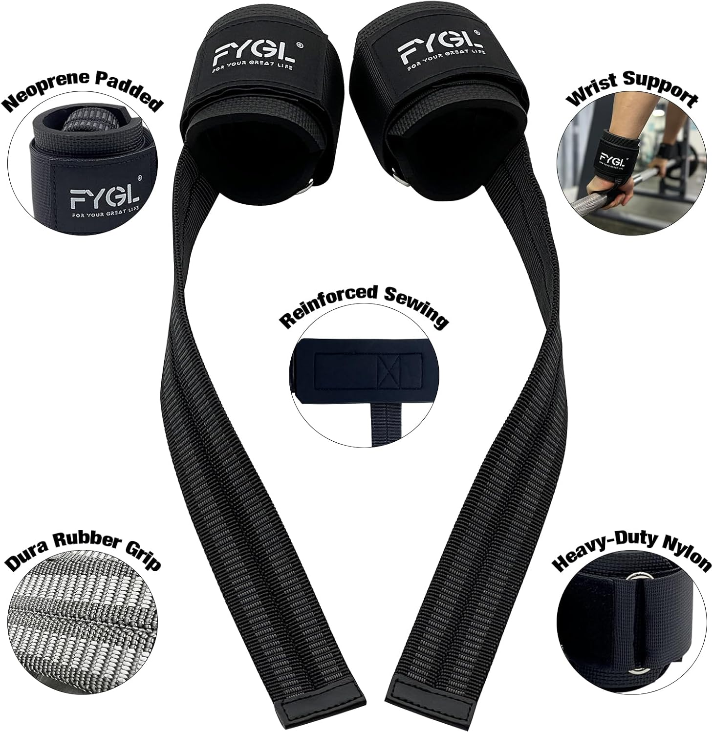 FYGL Lifting Straps with Dura Rubber Grip, No-Slip Nylon Wrist Strap with Neoprene Support for Weightlifting, Powerlifting, Deadlifts image number 1