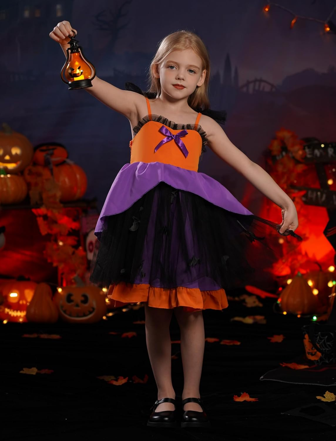 IDOPIP Baby Girls Halloween Tutu Dress Pumpkin Witch Princess Birthday Party Dresses Ruffle Tulle Bowknot Dress up Costume image number 4