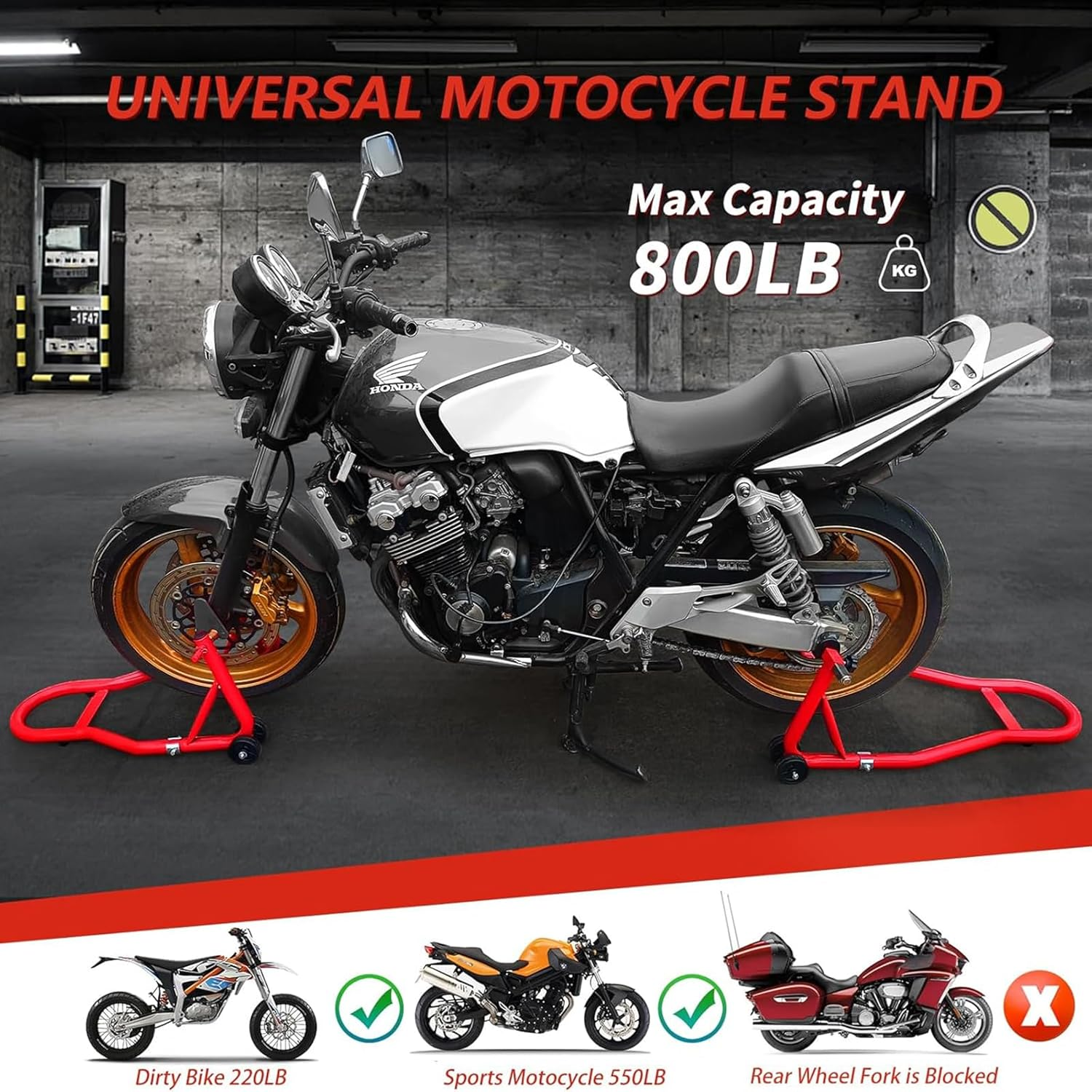 Motorcycle Stand Lift,500Kg Heavy-Duty Motorcycle Front Rear Combo Wheel Lift Stand U+L, Sport Bike Motorcycle Wheel Fork Stand with Adjustable Swing Arm Spool, for Most Motorcycles,Red image number 5