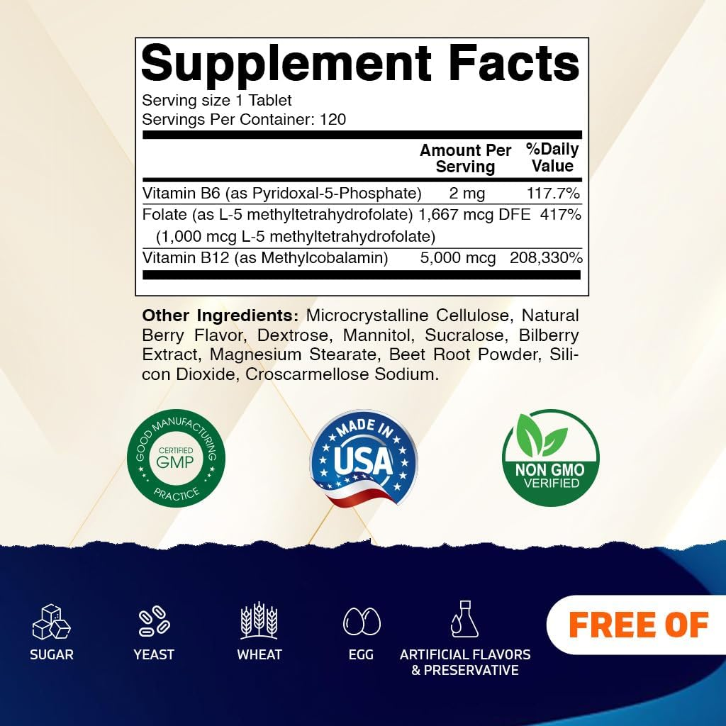 Vitamatic Methyl Folate & B12 Supplement with Pyridoxal 5 Phosphate (P-5-P) - Promotes Cardiovascular Health & Energy Metabolism - 120 Fast Dissolve Tablets - Non GMO & Gluten Free image number 2