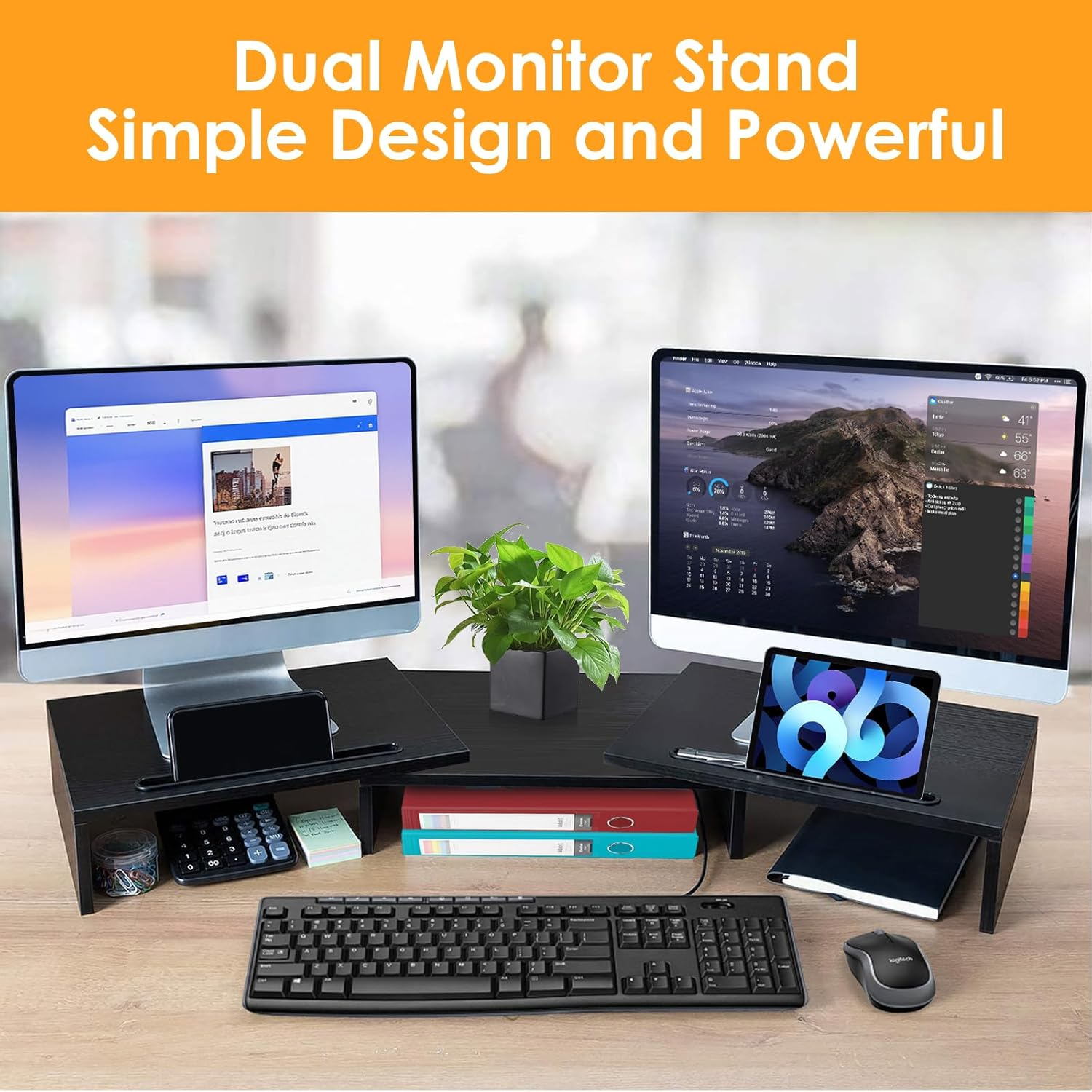 DAWNTREES Dual Monitor Stand Riser 3 Shelf Screen Stand with Adjustable Length and Angle, 2 Extra for PC, Computer, Laptop - Black2 image number 4