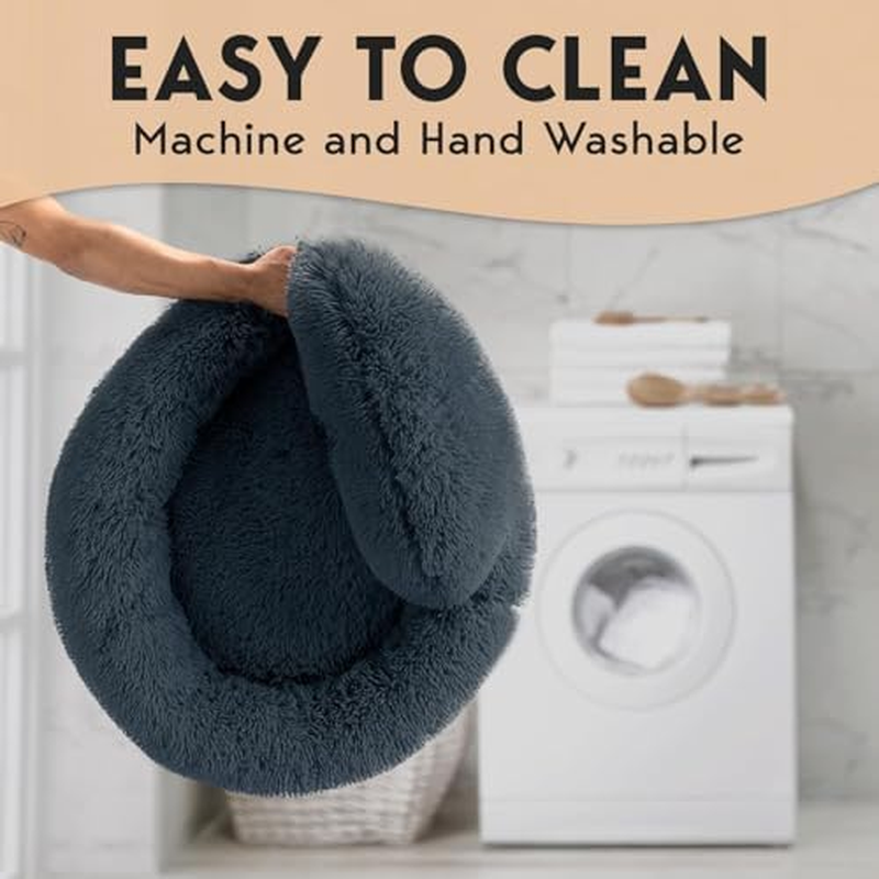 Calming Dog Bed - Donut Dog Beds for Small, Medium, Large Dogs, Washable round Dog Bed- Fluffy Plush Faux Fur Pet Bed, Anti-Anxiety Puppy Bed, 90Cm Fits up to 45Kg Pets (Dark Gray, S-60CM)