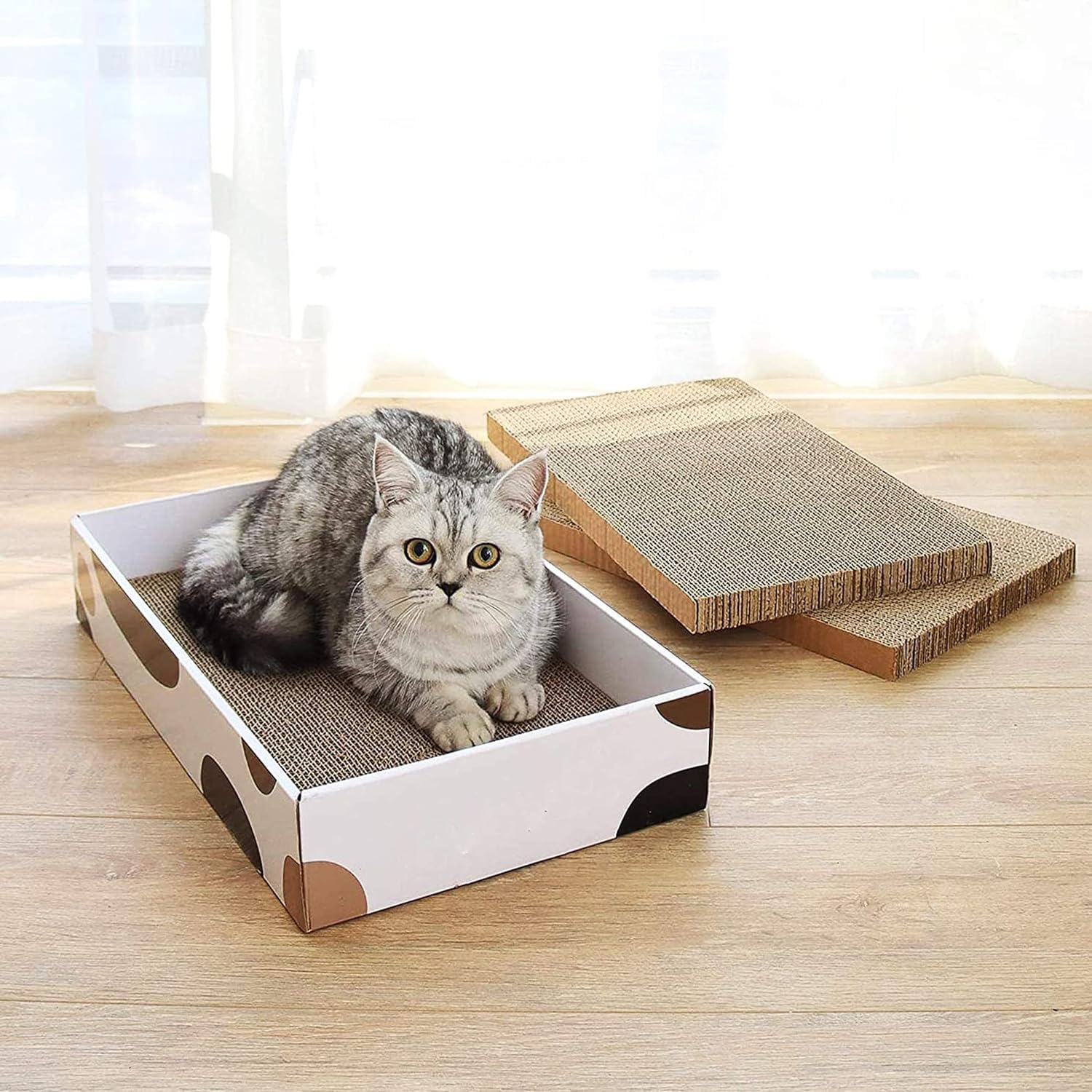 Mumoo Bear 3 Packs Cat Scratcher Pad with Cat Box,Durable Cat Scratcher Cardboard Refill,3 in 1 Recyclable Cardboard Cat House Suitable for Cats to Rest,Grind Claws and Play,Reversible Scratch Box image number 1