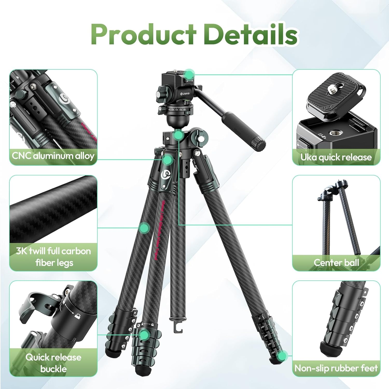 ULANZI JJ06 Glidego Camera Tripod, 73.6"/187Cm Lightweight Carbon Fiber Travel Tripod with 360&deg; Ballhead, Horizontal Video Tripod W Central Column, for Cameras/Dslr/Camcorder, Maxload 18Kg/39.6Lbs image number 4