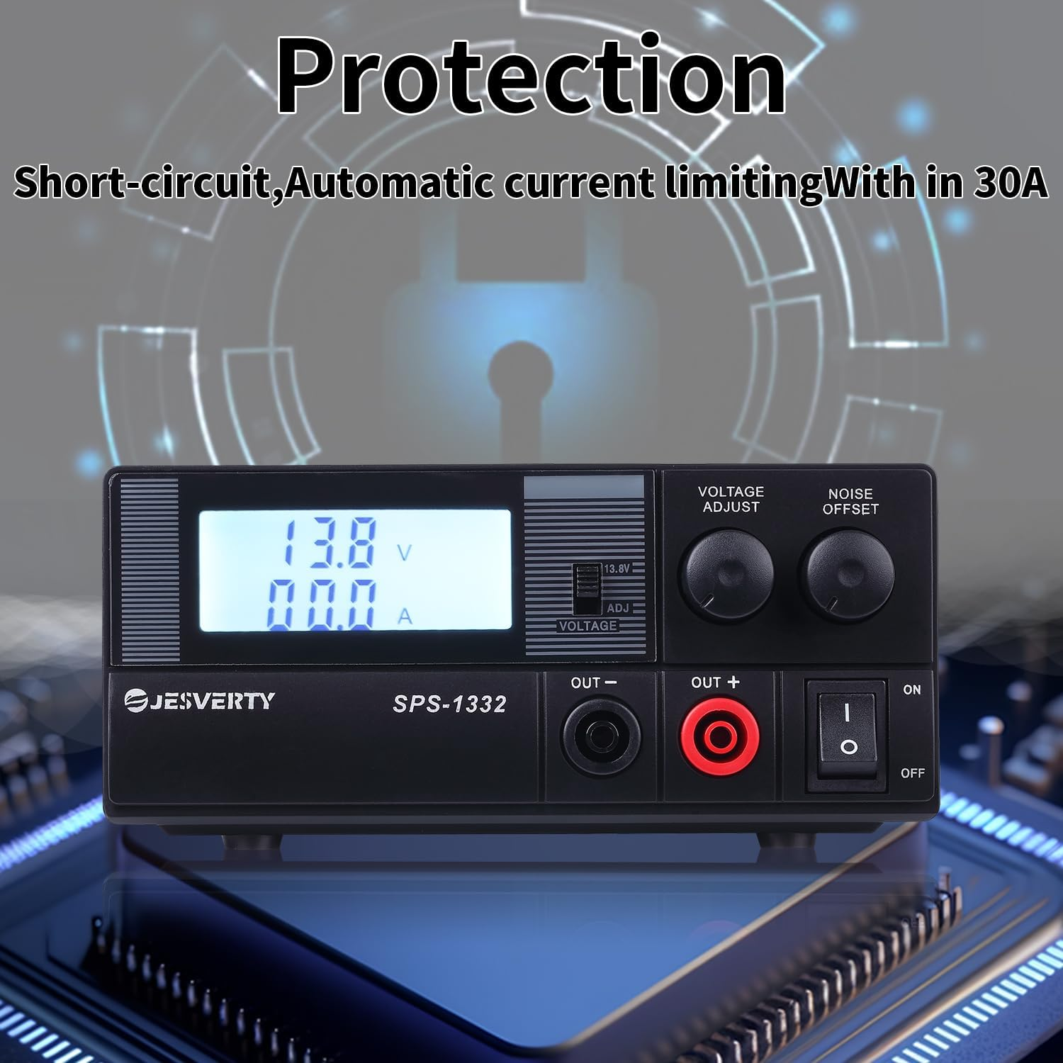 Universal Compact Bench Power Supply- 30 Amp Regulated Home Lab Benchtop Ac-To-Dc Converter 13.8 Volt/9-15Volt, Cooling Fan, Screw Type Terminals - Jesverty SPS-1332 image number 4
