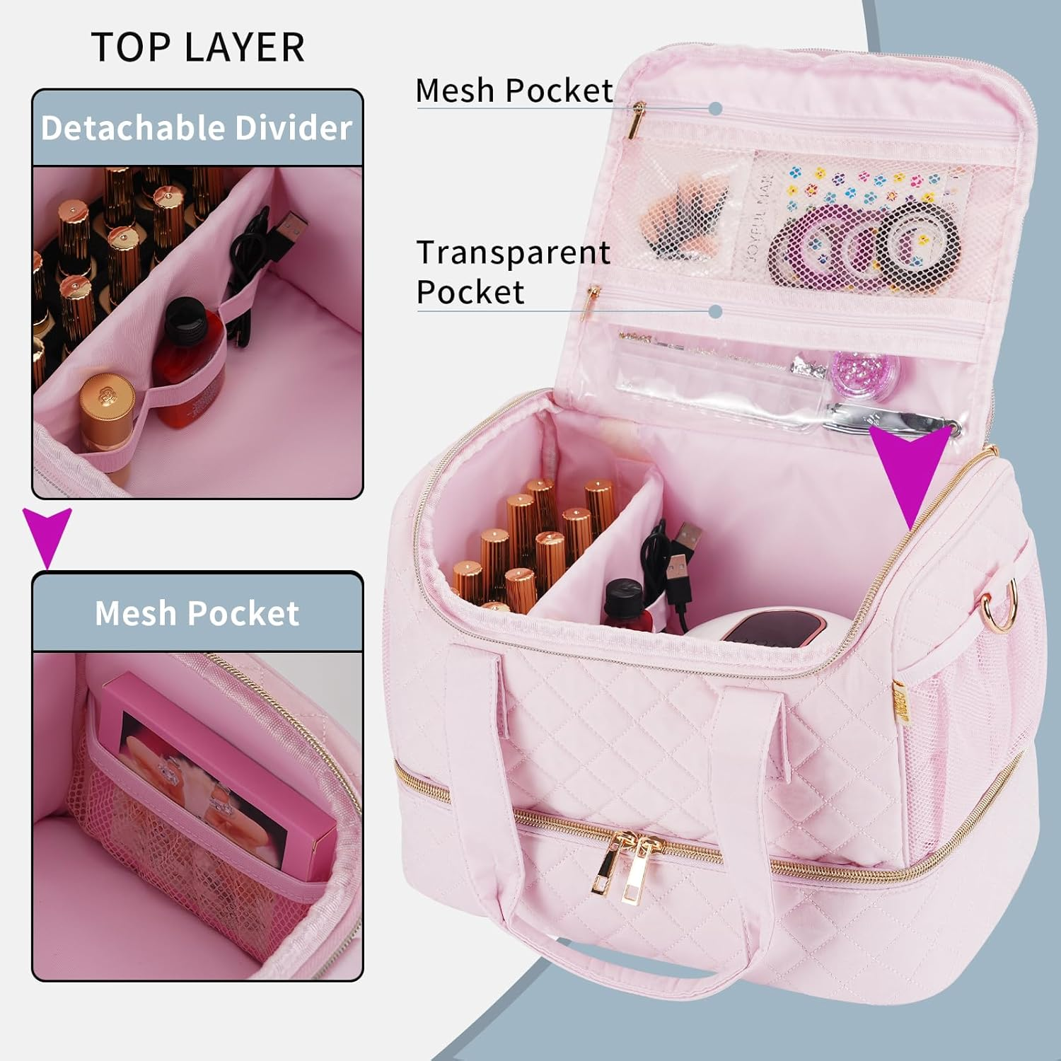 GR69N Nail Polish Organizer Case,Nail Storage Organizer Holds Nail Lamp & 50 Bottles Nail Polish,Travel Nail Tech Case,Nail Kit Organizer Bag Fits Nail Supplies & Manicure Tools,Pink (Patented) - Black01 image number 4