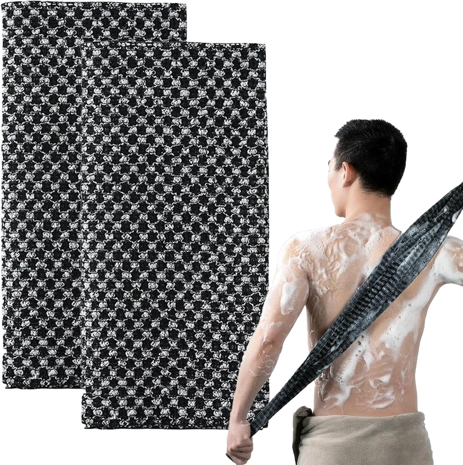 Zegnuem Back Scrubber Set - 2 Pack Mesh Black Exfoliating Shower Towel, Multi-Use for Scrubbing, Lathering & Dead Skin Removal, Extra Long Body Scrub Cloth for Men and Women image number 3