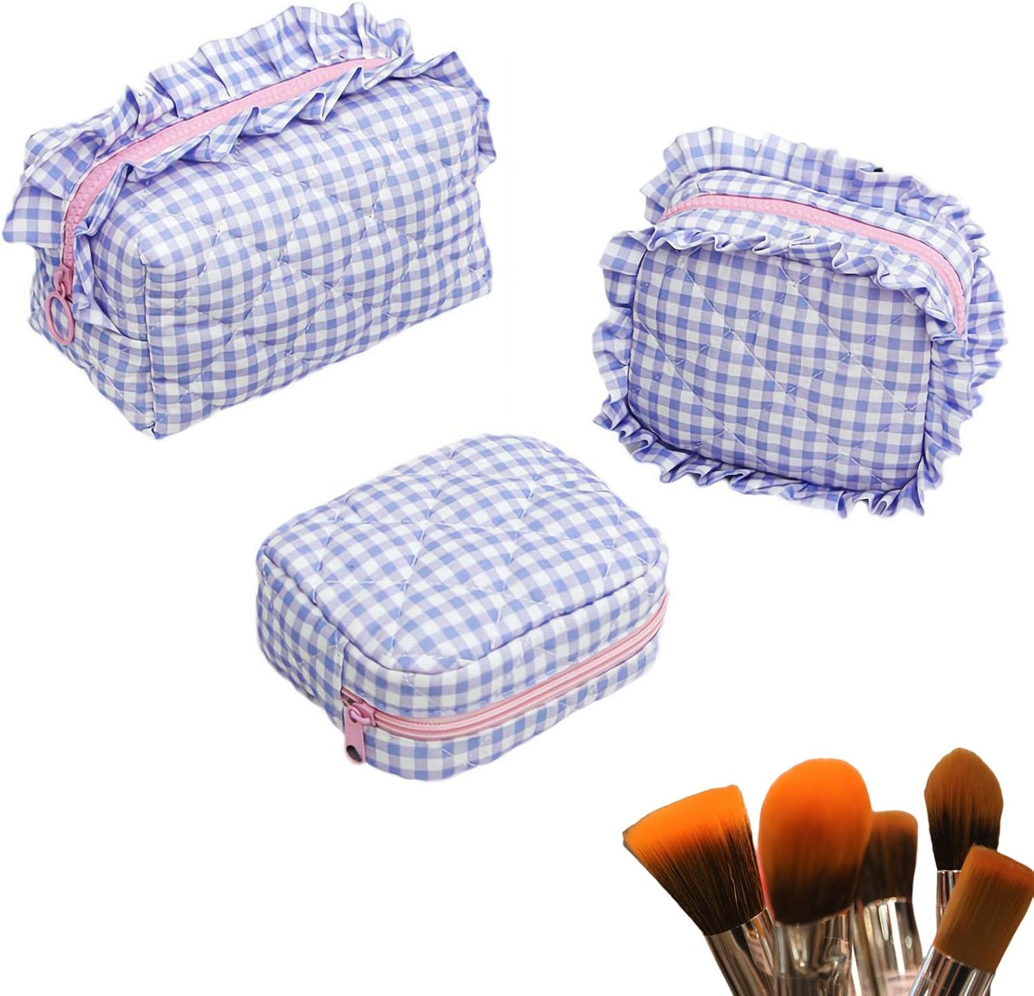 Gingham Ruffle Makeup Bag,Large Travel Cute Cosmetic Bag for Women,Cotton Zipper Pouch and Accessories Storage Bag, Travel Pouch,Aesthetic Puffy Toiletry Bag Make up Organizer (Purple)